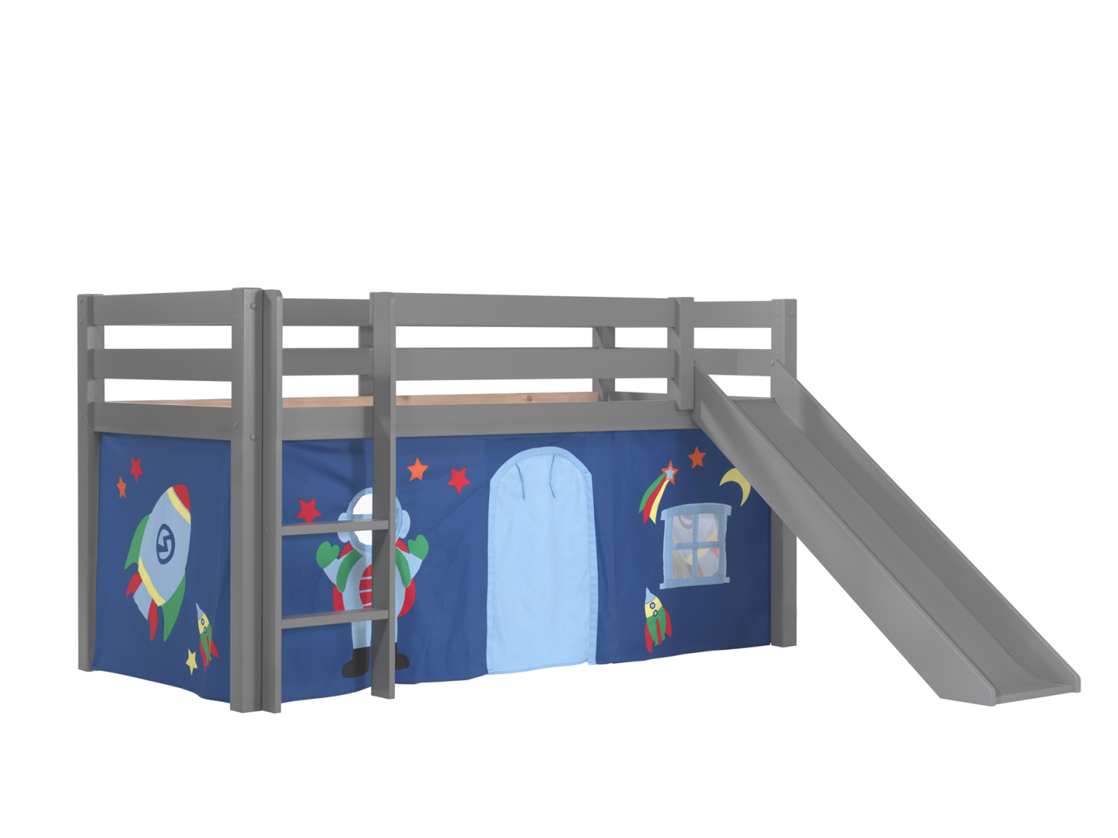 Hochbett PINO Astro - grau Kiefer Massivholz - Rutsche, Vorhang - 90x200 cm