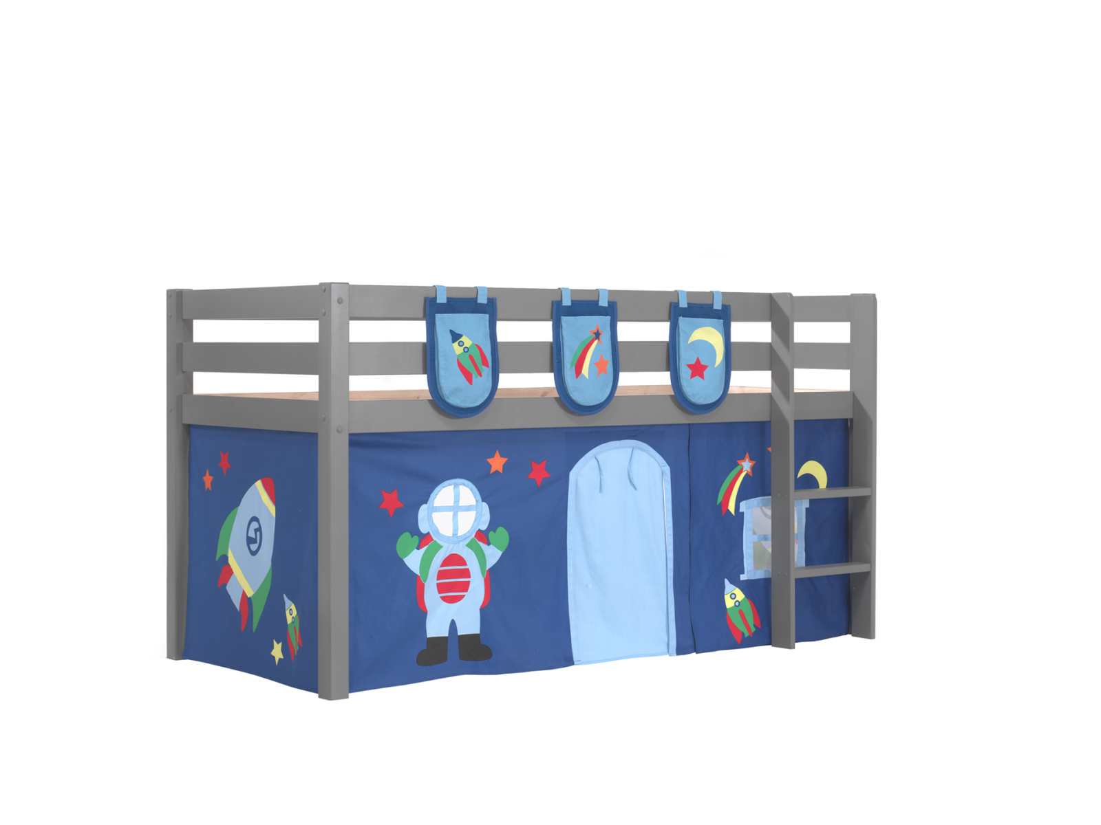 Hochbett PINO Astro - grau Kiefer Massivholz - Vorhang, Taschen - 90x200 cm