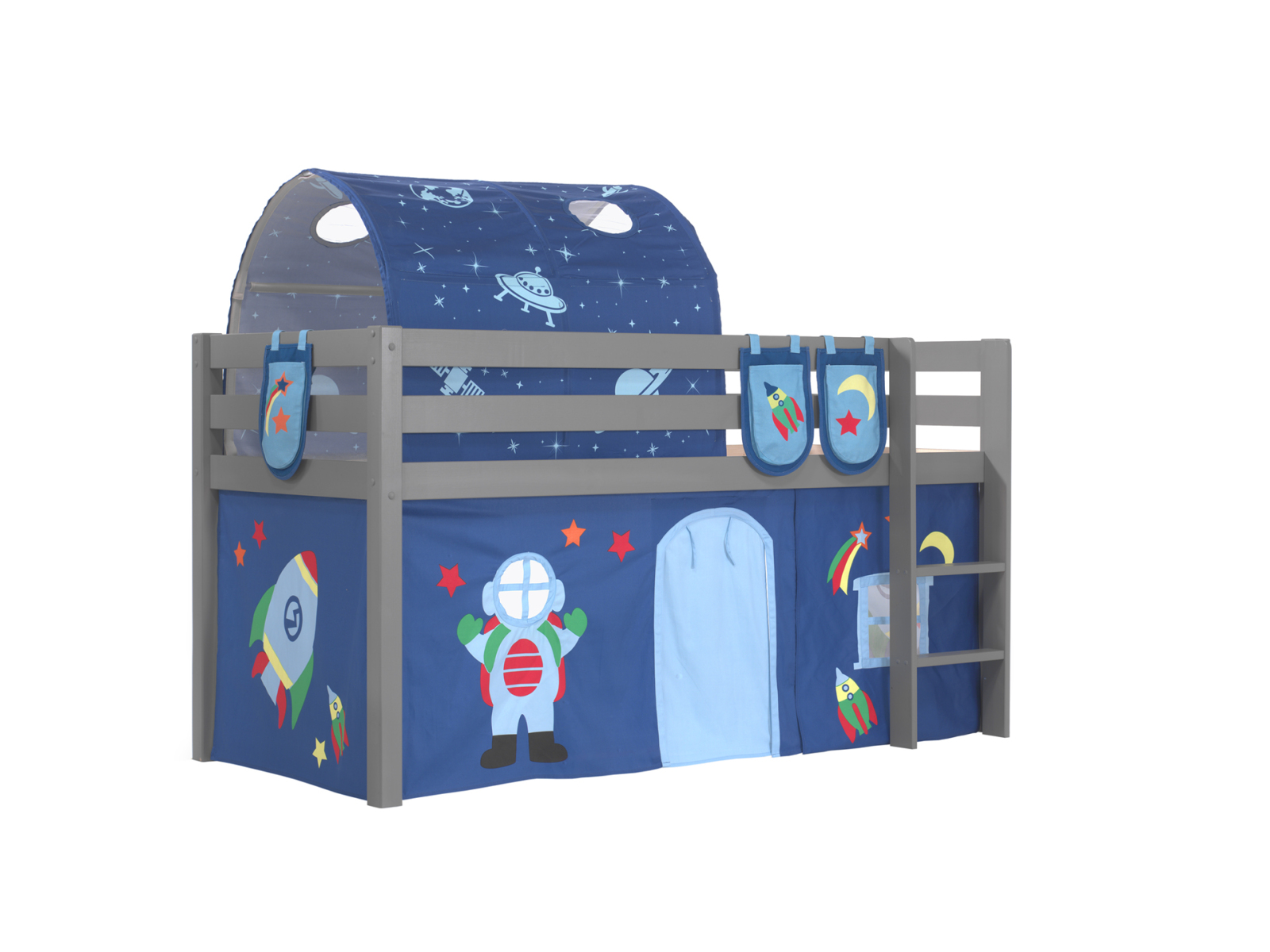 Hochbett PINO Astro - grau Kiefer Massivholz - Vorhang, Tunnel, Taschen - 90x200 cm