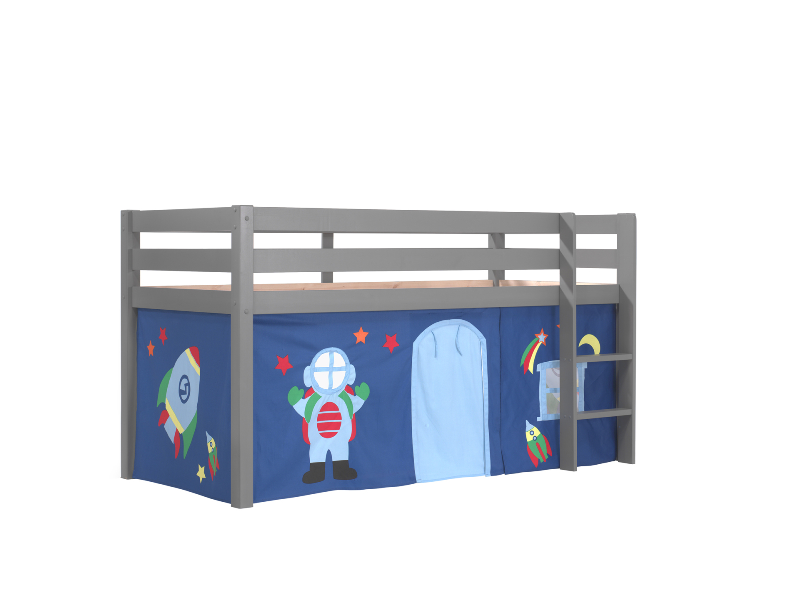 Hochbett PINO Astro - grau Kiefer Massivholz - Vorhang - 90x200 cm