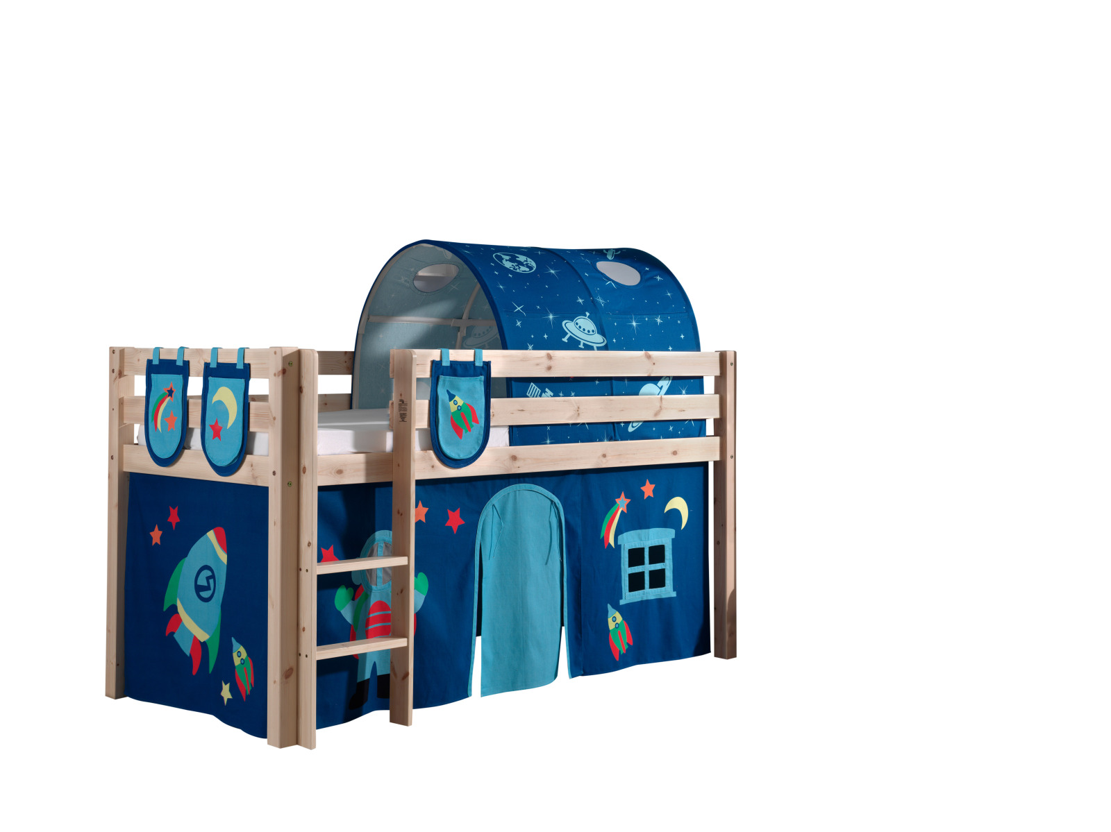 Hochbett PINO - Astro - Kiefer Massivholz - mit Textilset - 90x200 cm