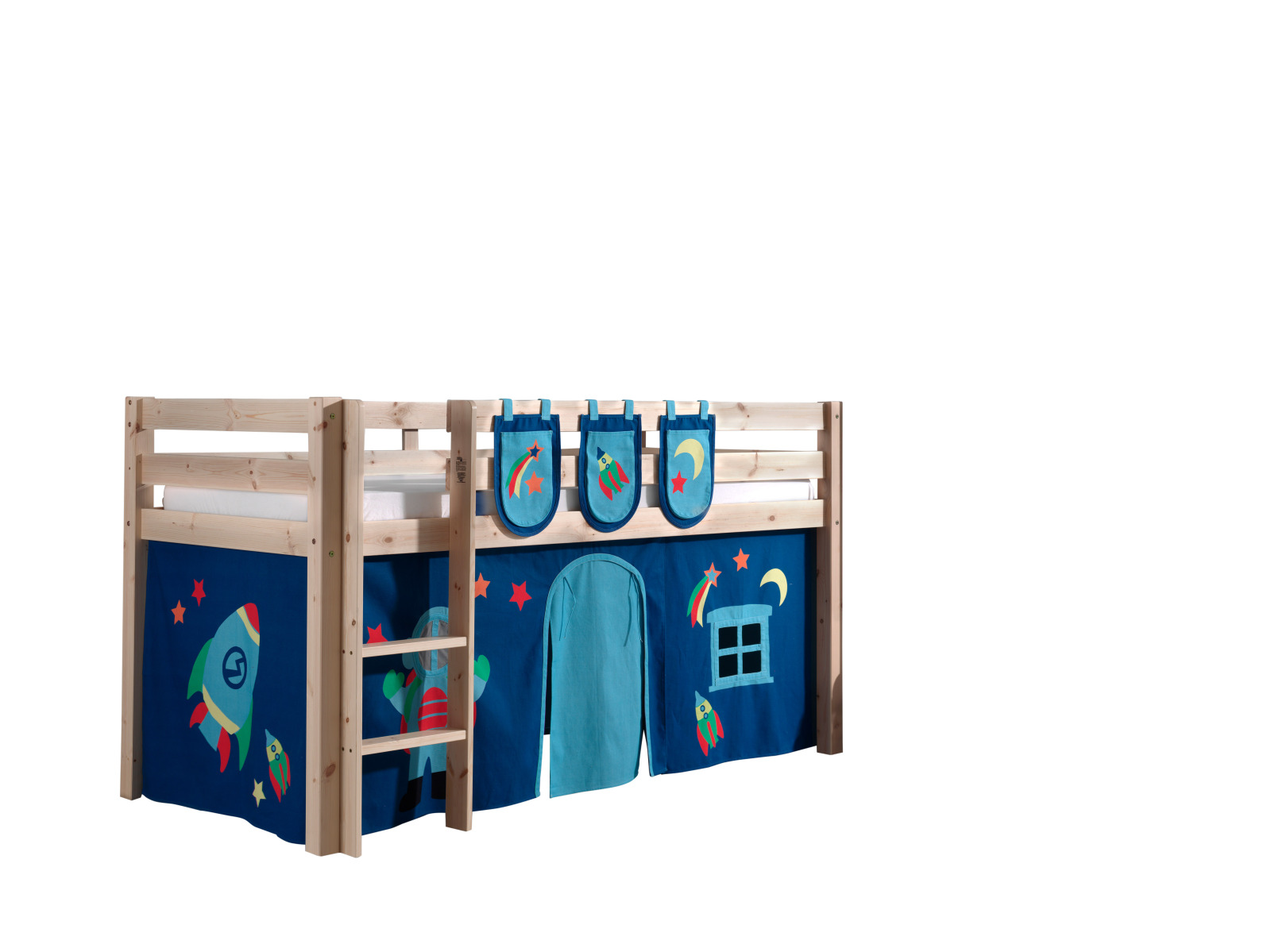 Hochbett PINO - Astro - Kiefer Massivholz - mit Vorhang, Taschen - 90x200 cm