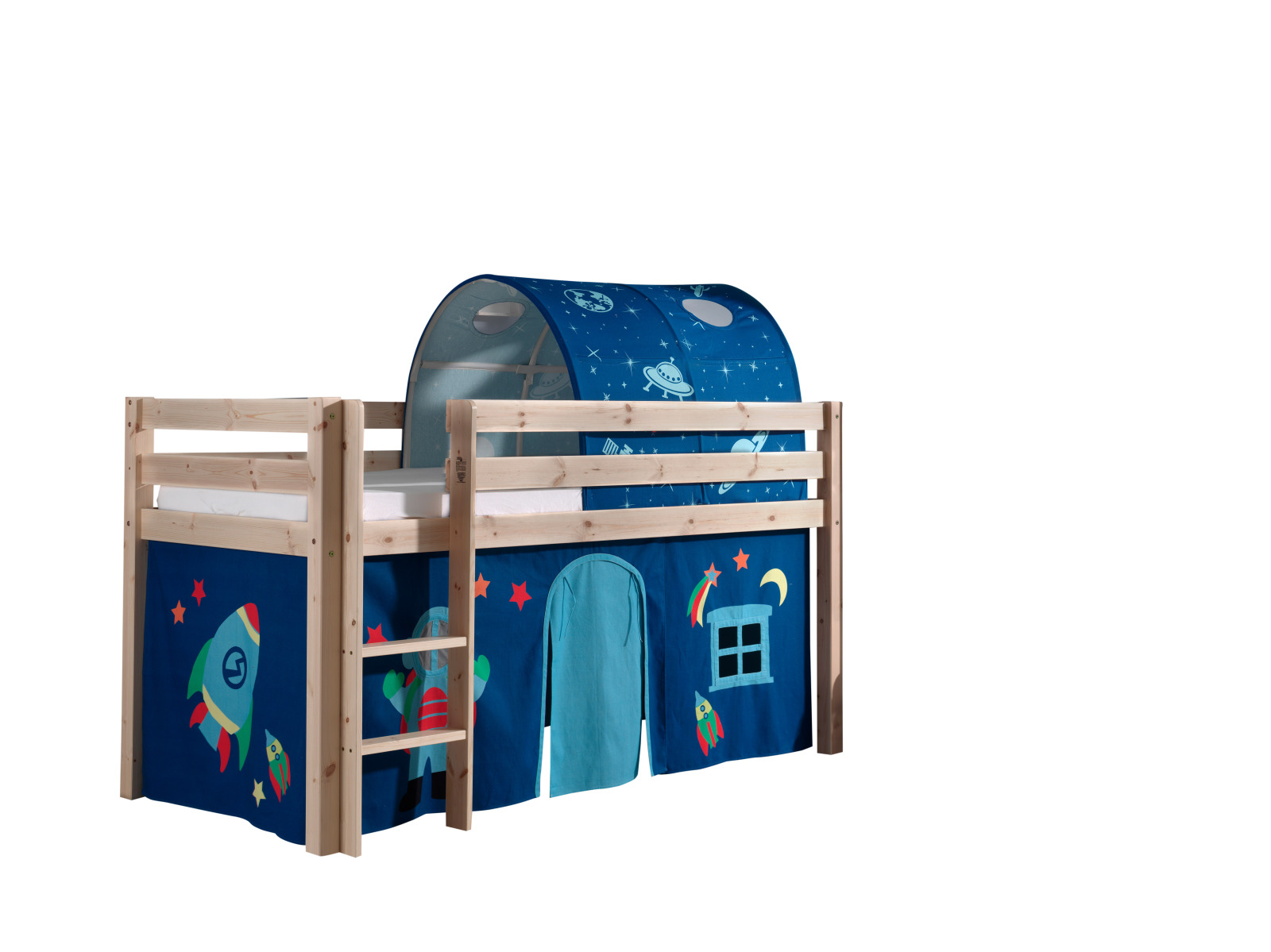 Hochbett PINO - Astro - Kiefer Massivholz - mit Vorhang, Tunnel - 90x200 cm
