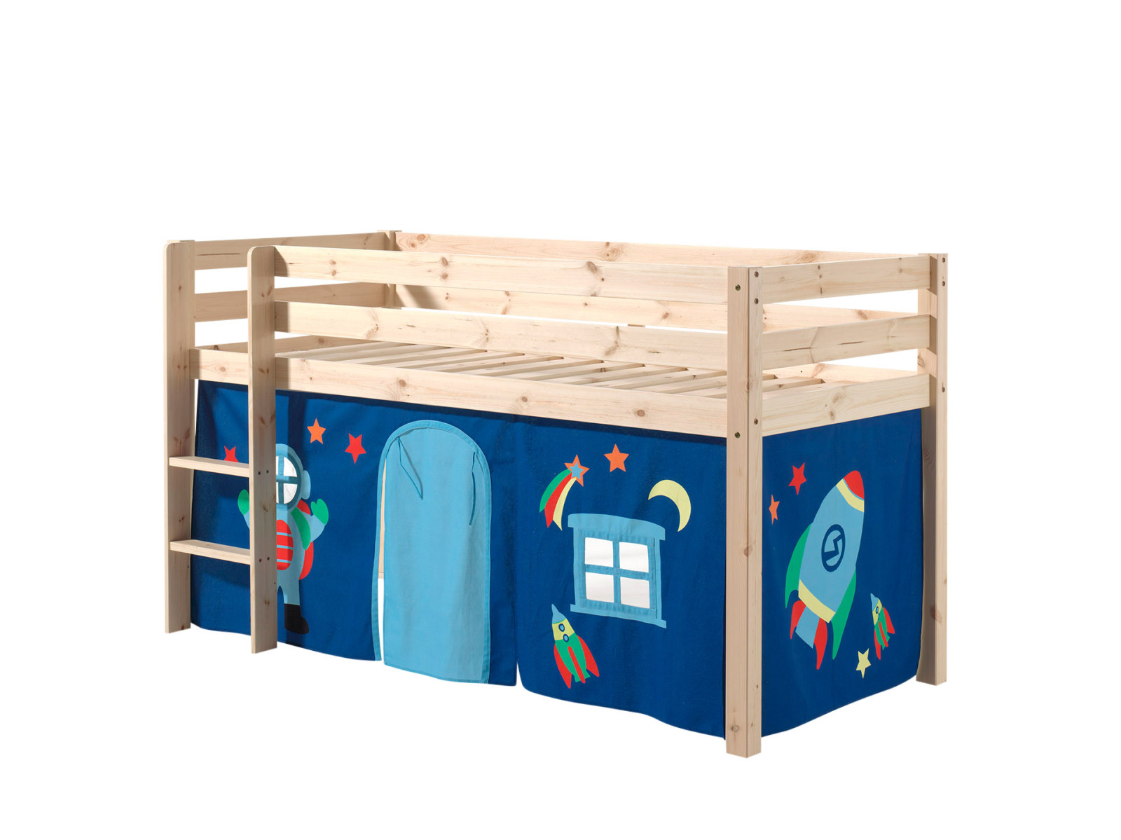 Hochbett PINO - Astro - Kiefer Massivholz - mit Vorhang-Set - 90x200 cm
