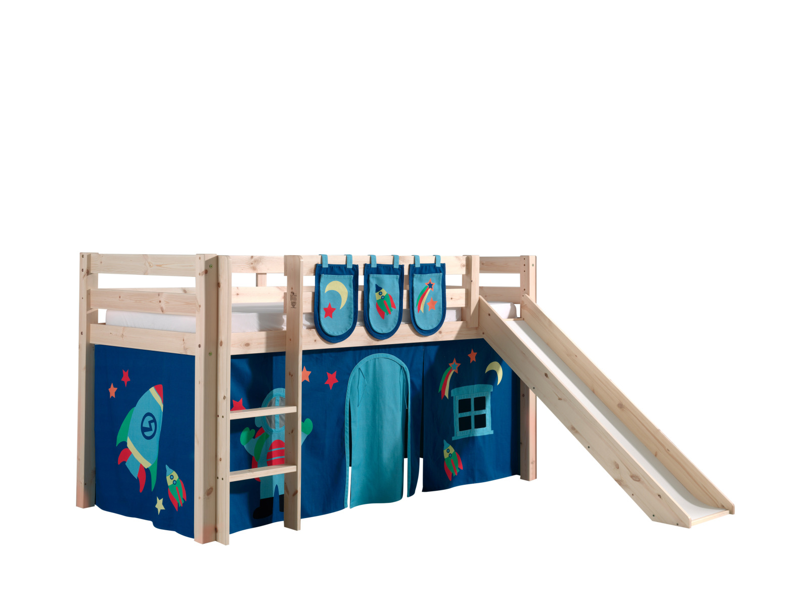 Hochbett PINO - Astro - Kiefer Massivholz - Rutsche und Taschen - 90x200 cm