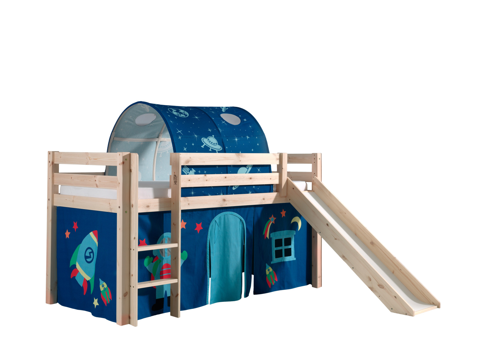 Hochbett PINO - Astro - Kiefer Massivholz - Rutsche und Tunnel - 90x200 cm