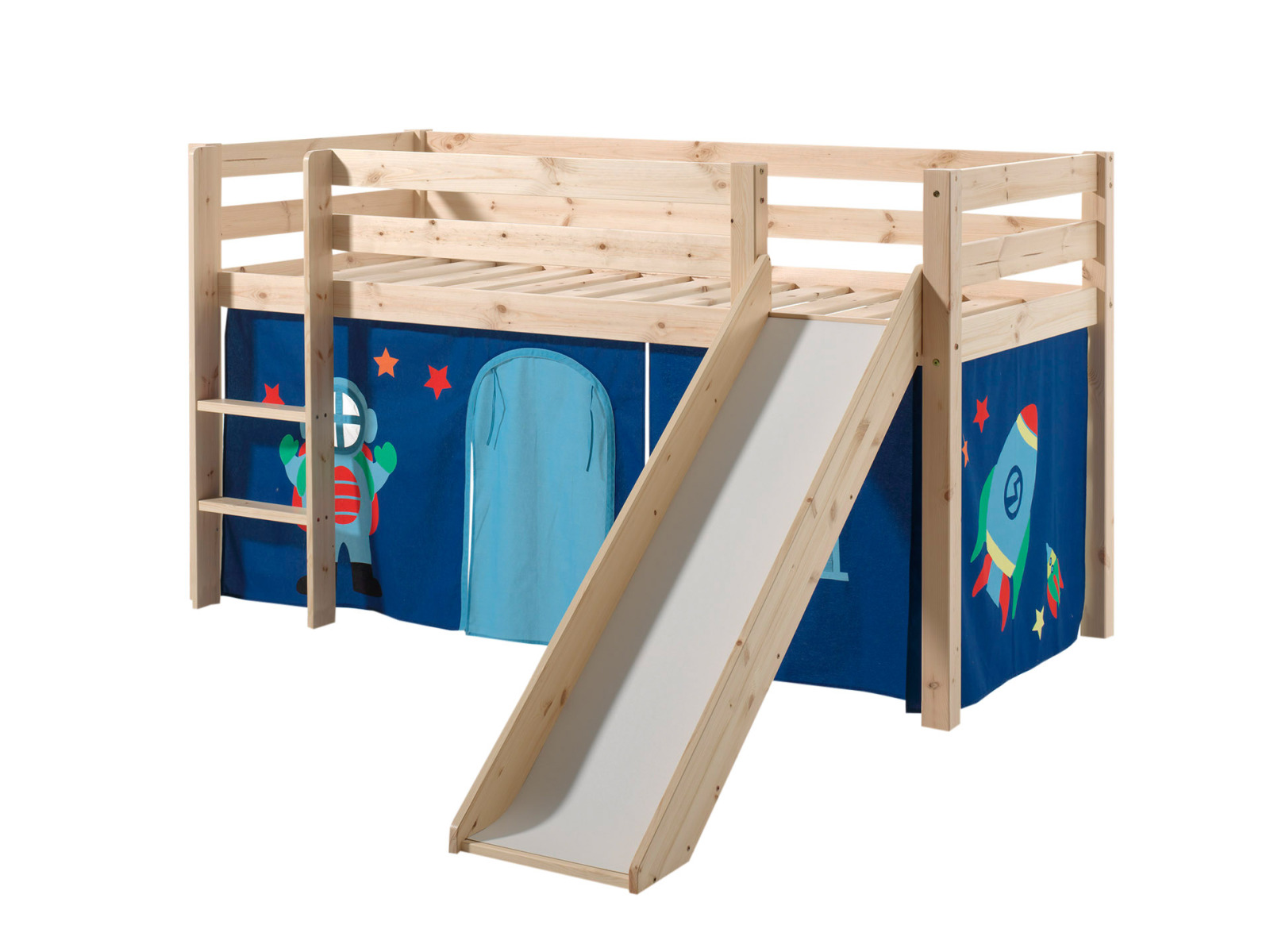 Hochbett PINO - Astro - Kiefer Massivholz - Rutsche und Vorhang- 90x200 cm