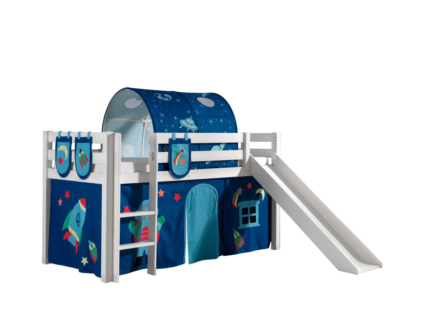 Hochbett PINO - Astro - weiß Kiefer Massivholz - mit Rutsche - 90x200 cm