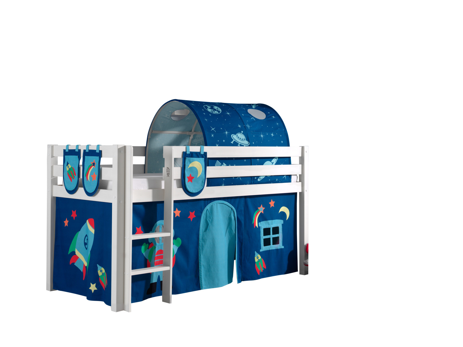 Hochbett PINO - Astro - weiß Kiefer Massivholz - mit Textilset - 90x200 cm