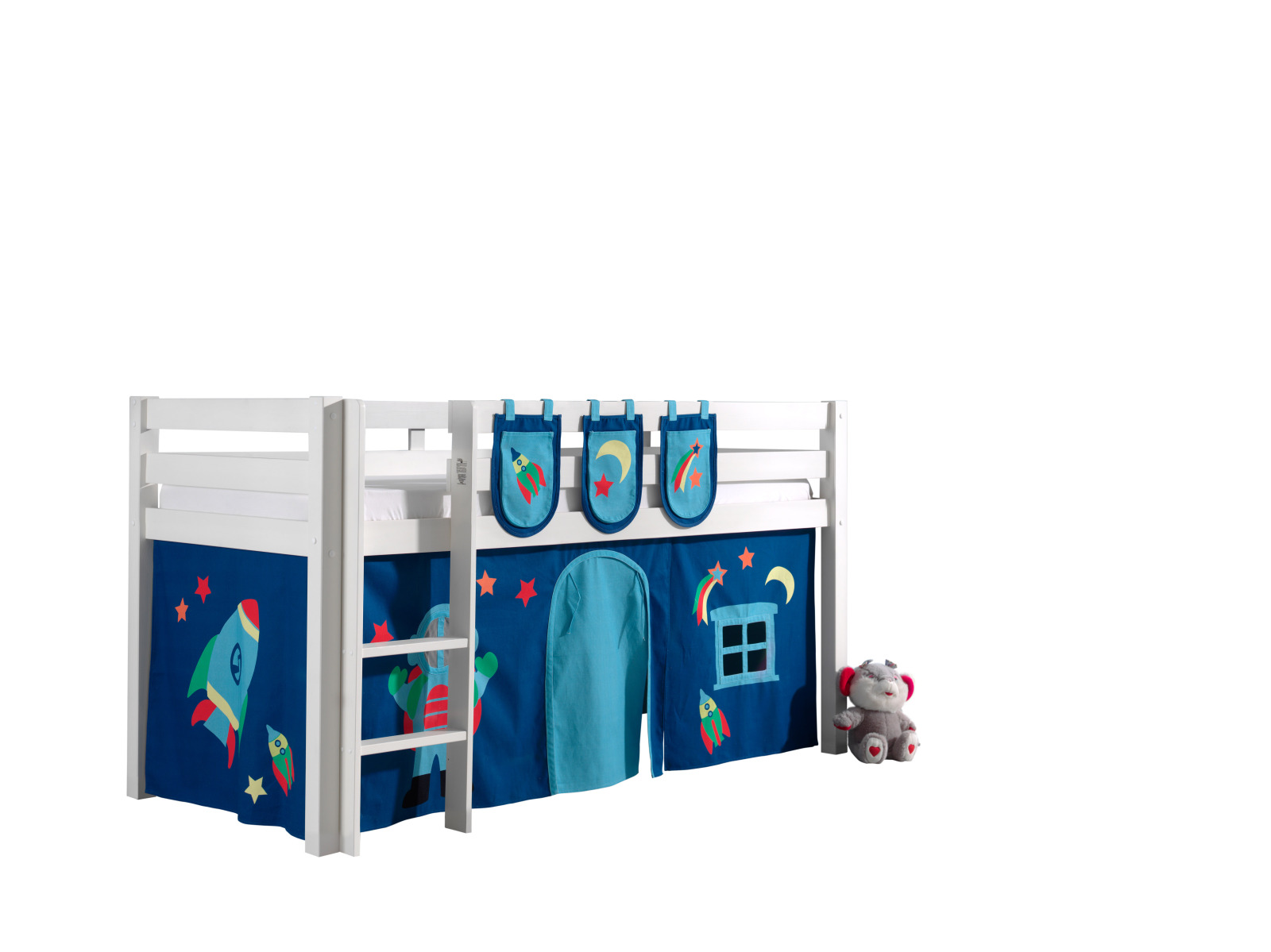 Hochbett PINO - Astro - weiß Kiefer Massivholz - mit Vorhang, Taschen - 90x200 cm