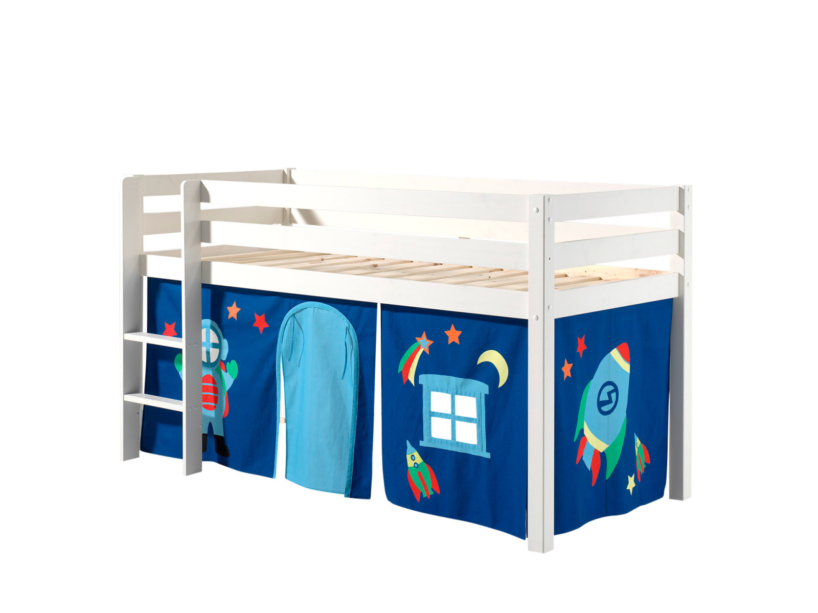 Hochbett PINO - Astro - weiß Kiefer Massivholz - mit Vorhang-Set - 90x200 cm