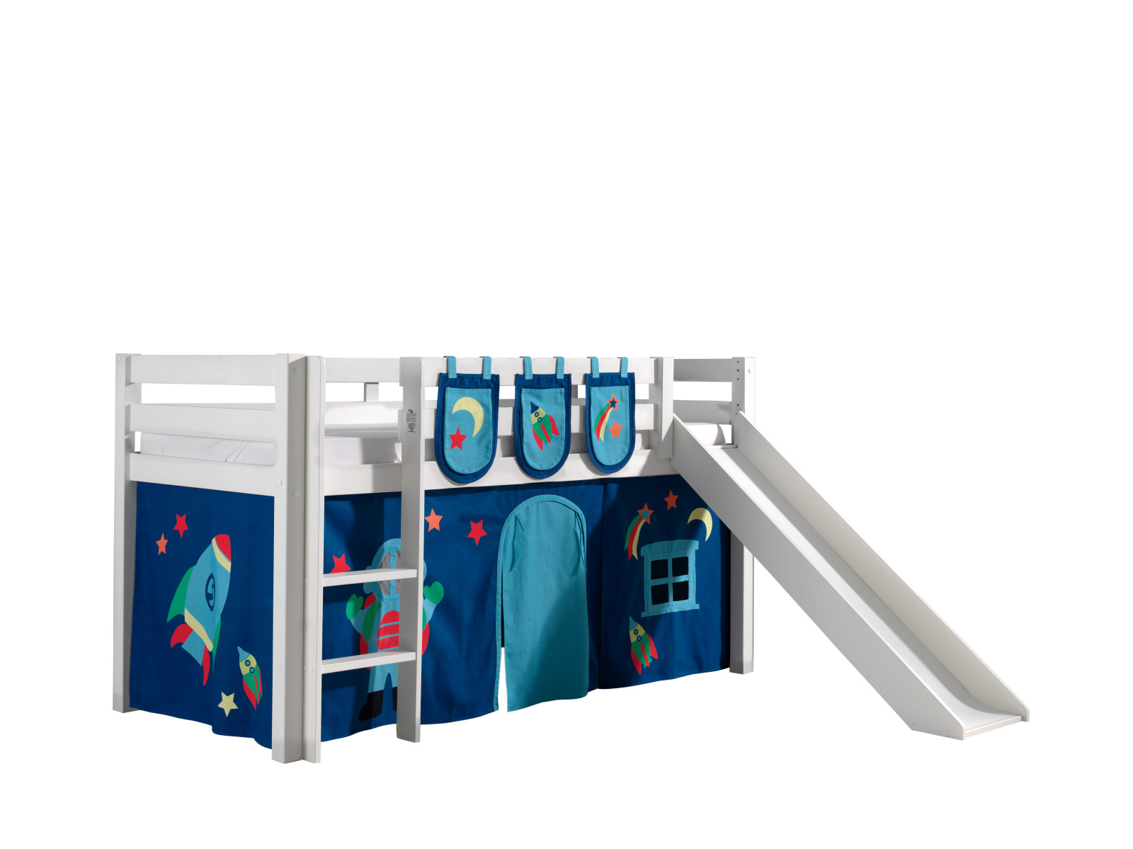 Hochbett PINO - Astro - weiß Kiefer Massivholz - Rutsche und Taschen - 90x200 cm