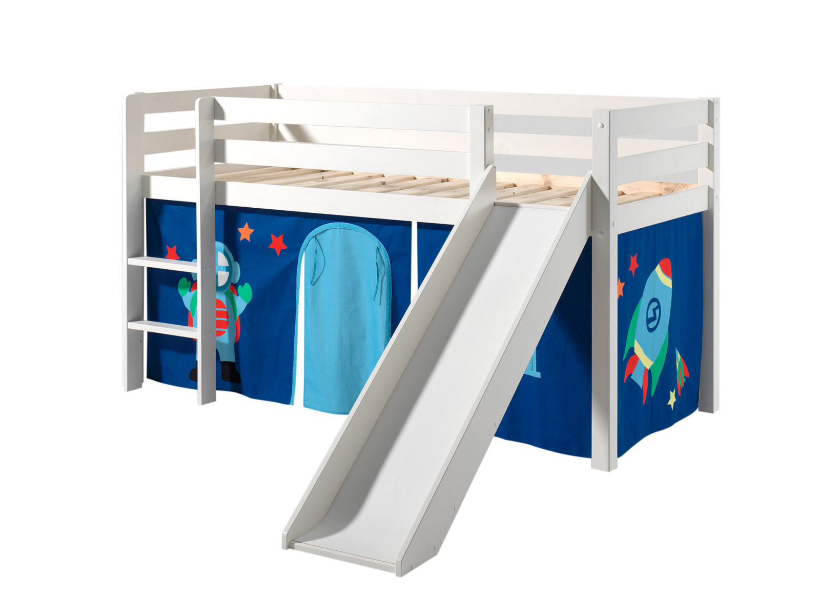 Hochbett PINO - Astro - weiß Kiefer Massivholz - Rutsche und Vorhang- 90x200 cm