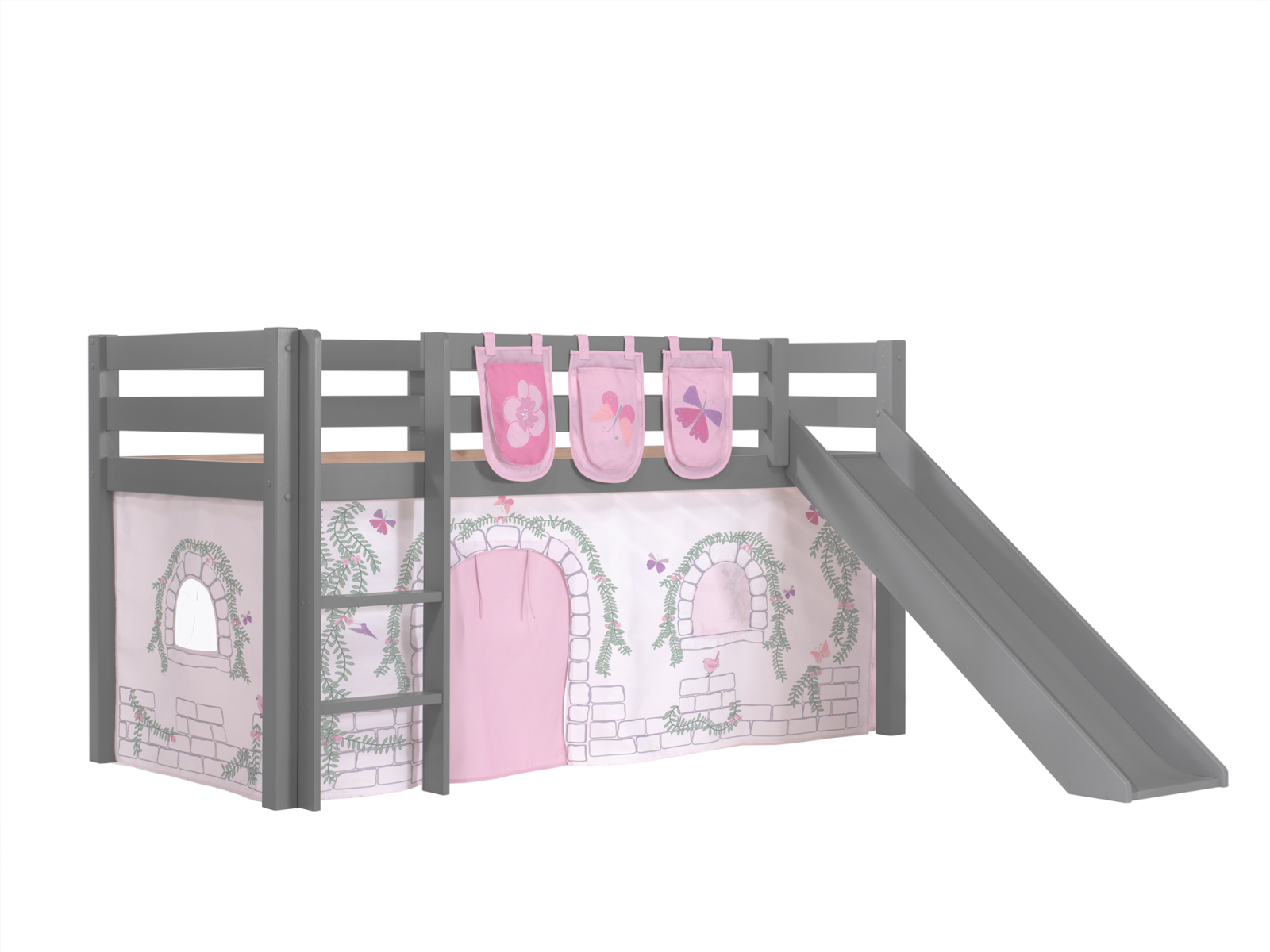 Hochbett PINO Birdy - grau Kiefer Massivholz - Rutsche, Vorhang, Taschen - 90x200 cm