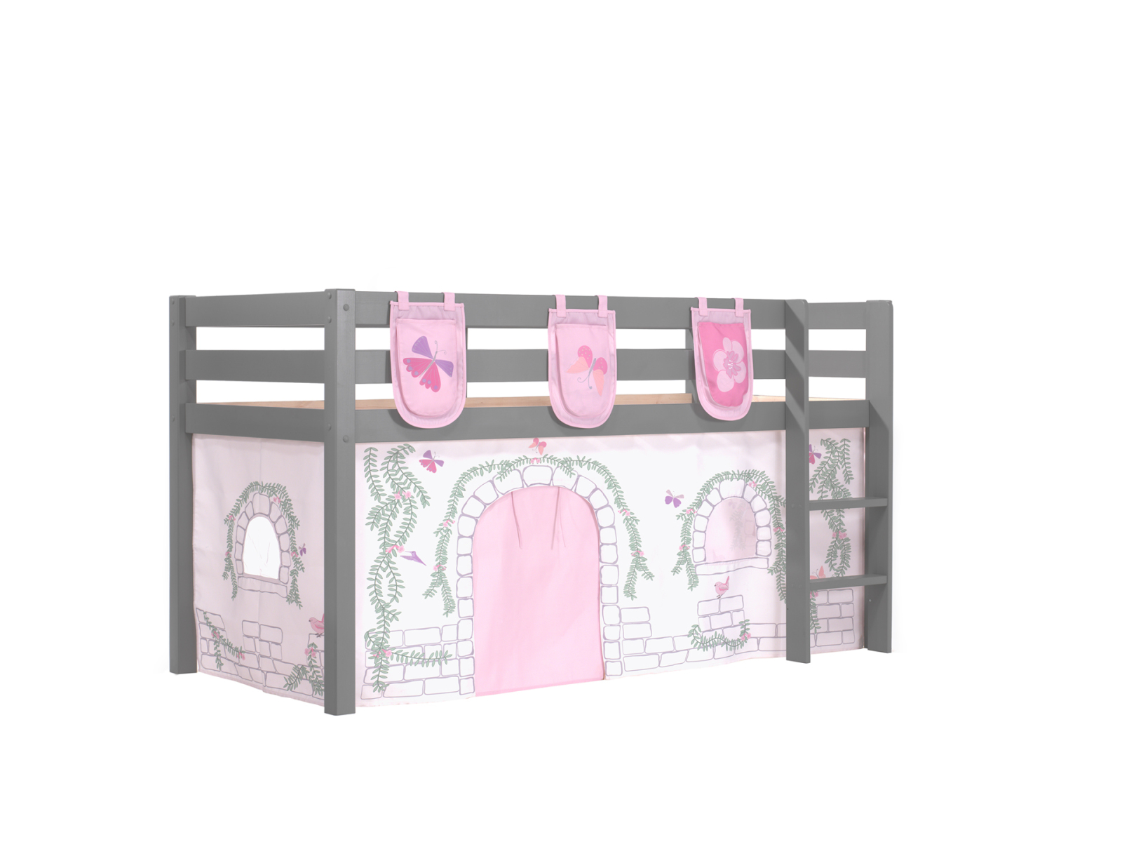 Hochbett PINO Birdy - grau Kiefer Massivholz - Vorhang, Taschen - 90x200 cm