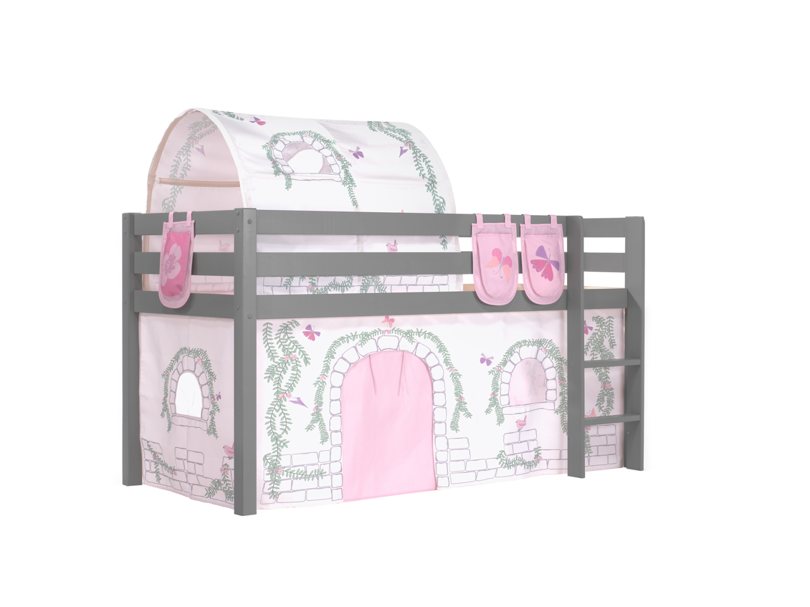 Hochbett PINO Birdy - grau Kiefer Massivholz - Vorhang, Tunnel, Taschen - 90x200 cm