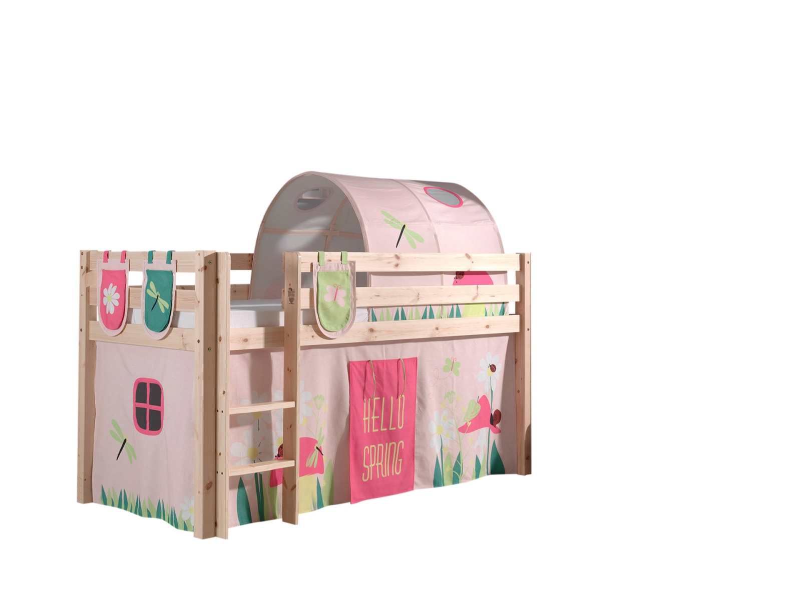 Hochbett PINO Frühling - Kiefer massiv - Vorhang, Tunnel, Taschen - 90x200 cm