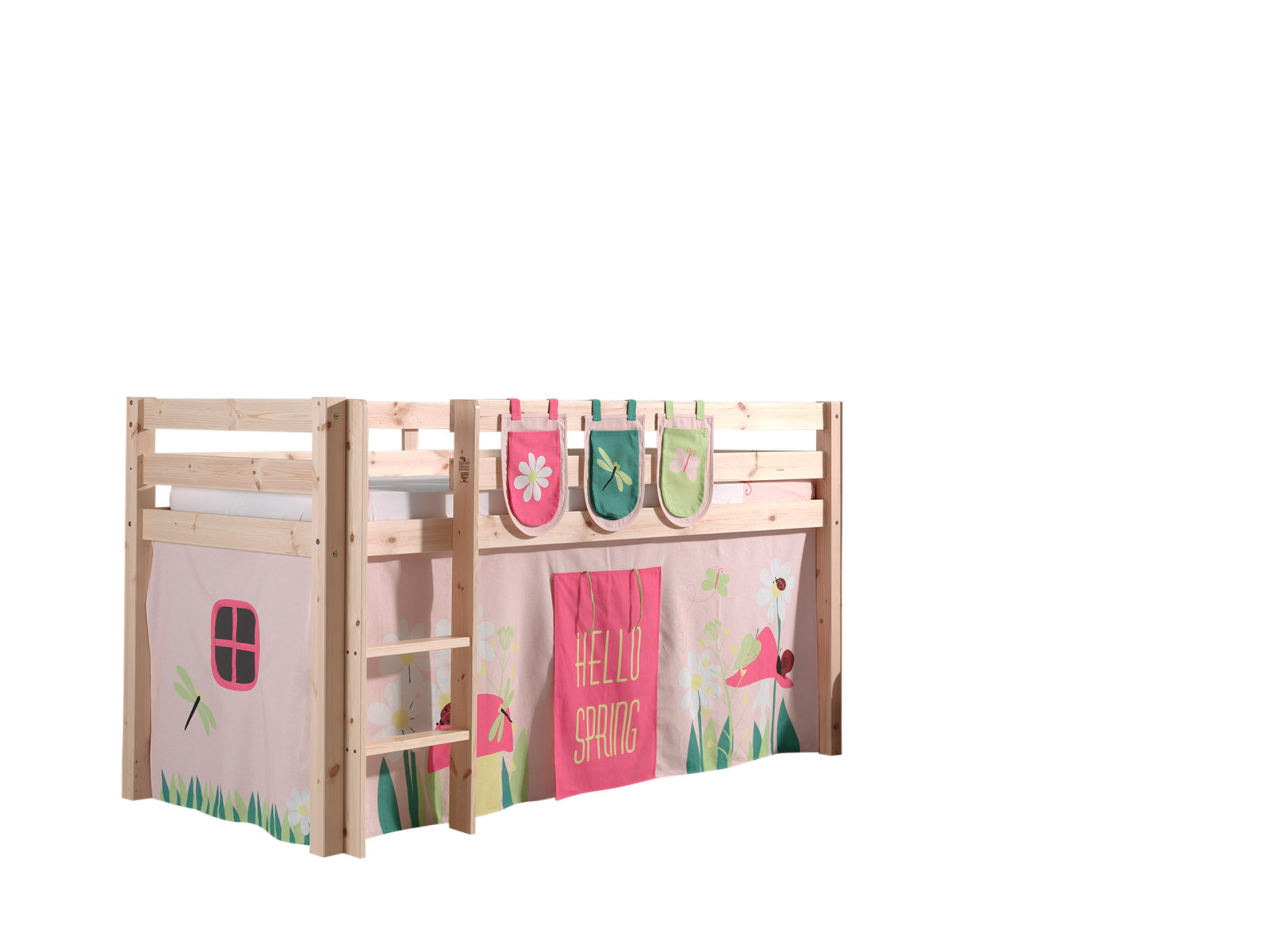 Hochbett PINO Frühling - Kiefer massiv - Vorhang und Taschen - 90x200 cm