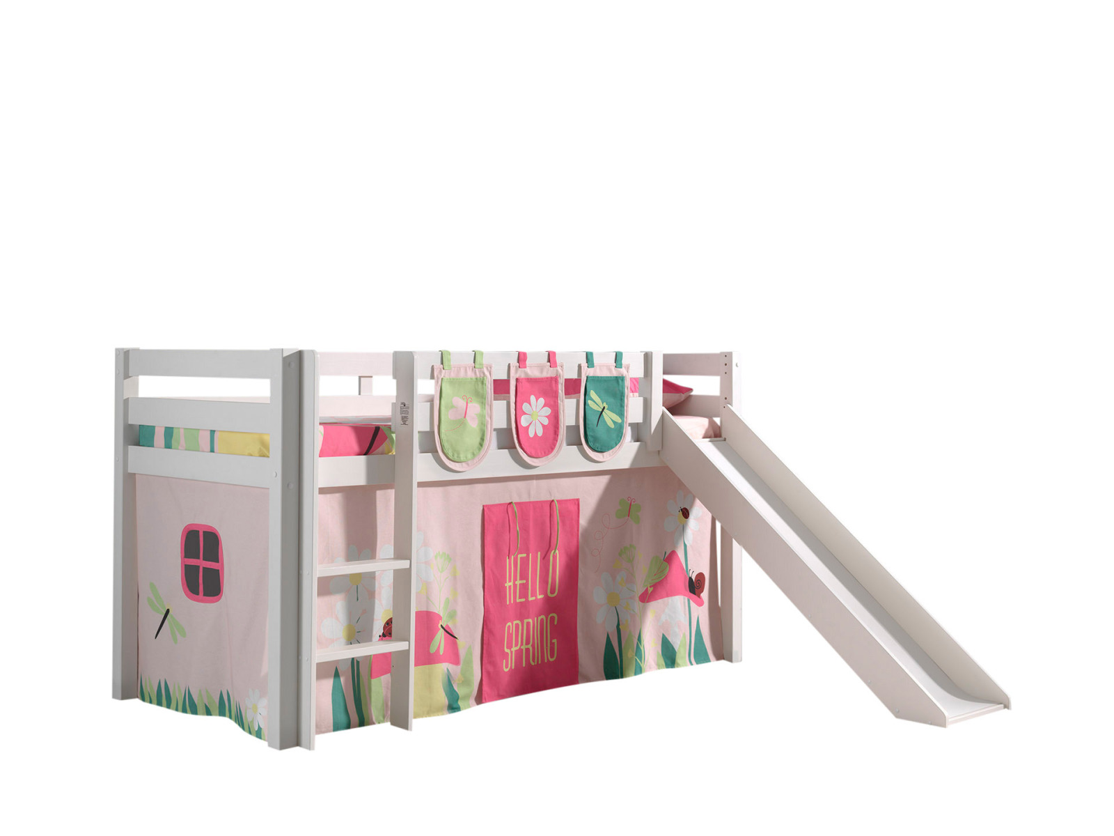 Hochbett PINO Frühling - weiß Kiefer Massivholz - mit Rutsche + Taschen - 90x200 cm