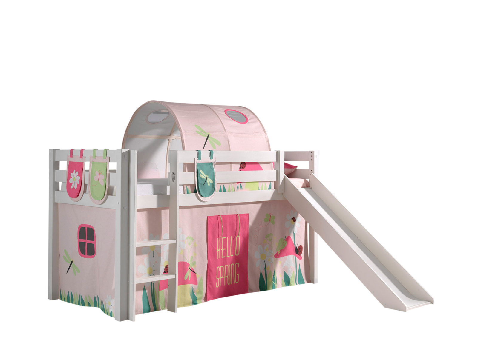 Hochbett PINO Frühling - weiß Kiefer Massivholz - mit Rutsche + Tunnel, Taschen - 90x200 cm