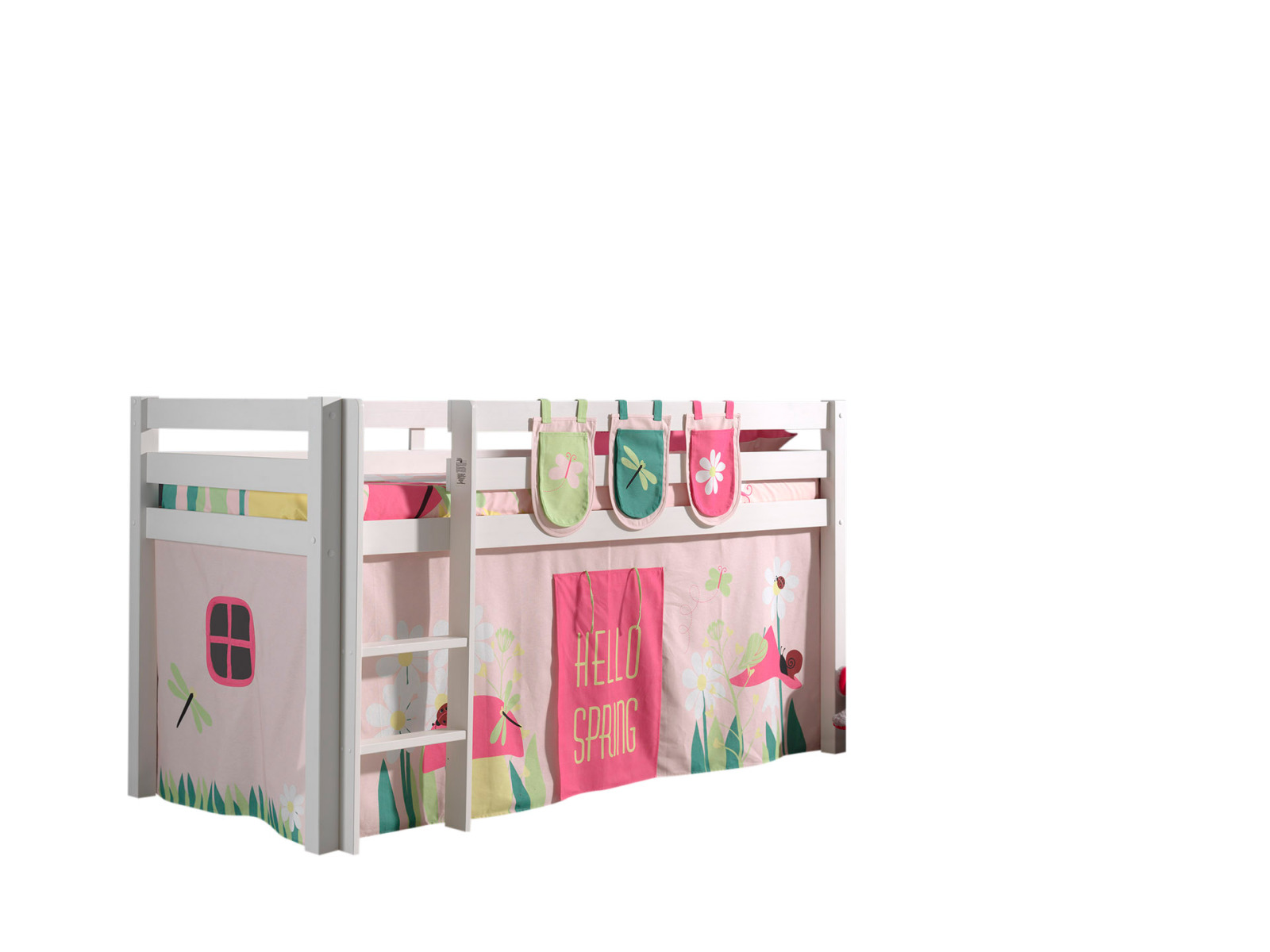 Hochbett PINO Frühling - weiß Kiefer Massivholz - mit Vorhang und Taschen - 90x200 cm