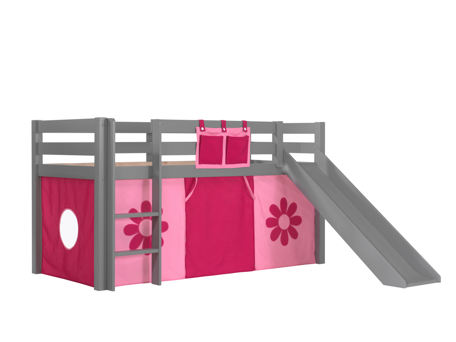 Hochbett PINO Pink Flower - grau Kiefer Massivholz - Rutsche, Vorhang - 90x200 cm