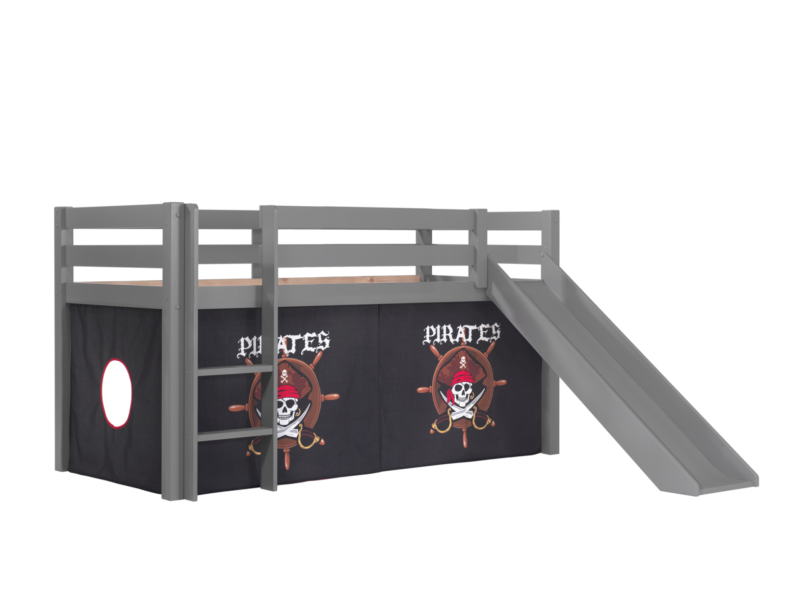 Hochbett PINO Pirates - grau Kiefer Massivholz - Rutsche, Vorhang - 90x200 cm