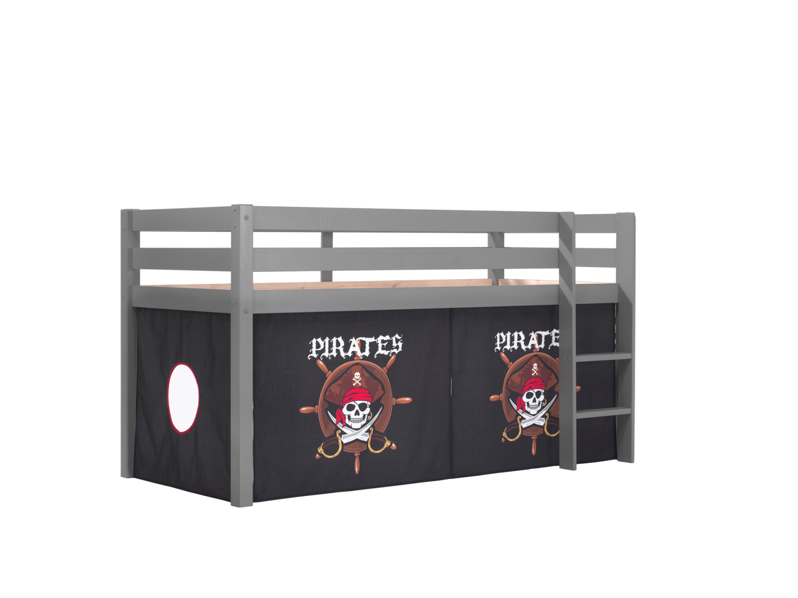 Hochbett PINO Pirates - grau Kiefer Massivholz - Vorhang - 90x200 cm
