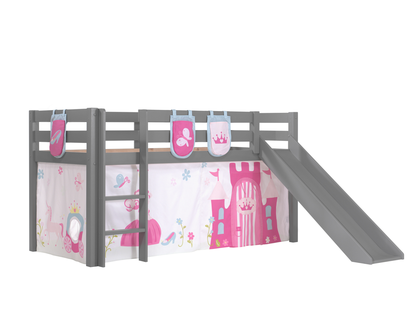 Hochbett PINO Princess - grau Kiefer Massivholz - Rutsche, Vorhang, Taschen - 90x200 cm
