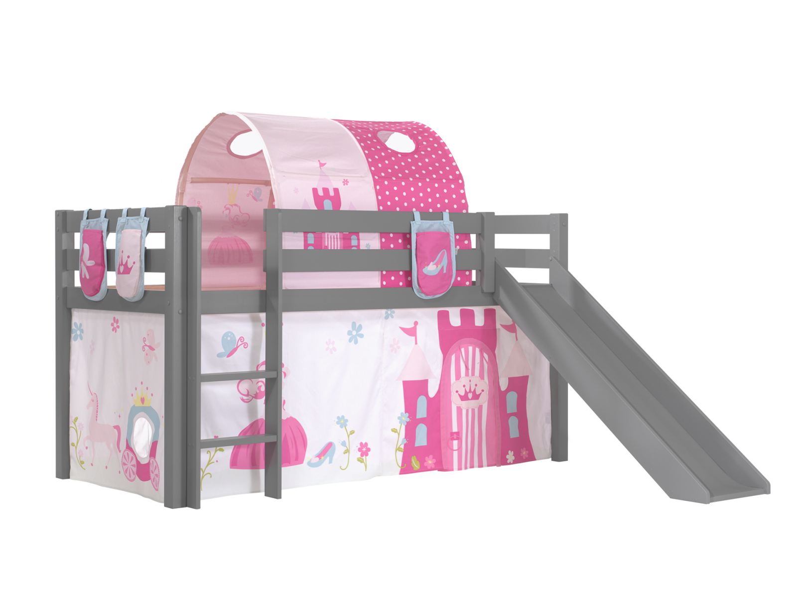 Hochbett PINO Princess - grau Kiefer Massivholz - Rutsche, Vorhang, Tunnel, Taschen - 90x200 cm