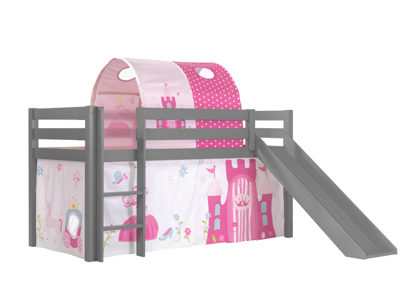 Hochbett PINO Princess - grau Kiefer Massivholz - Rutsche, Vorhang, Tunnel - 90x200 cm