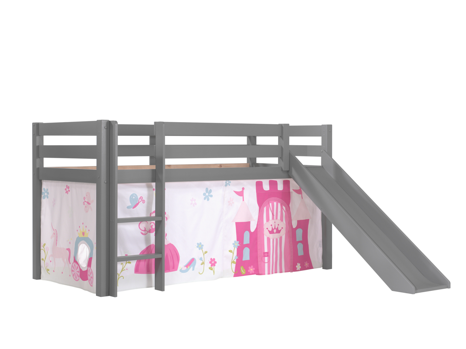 Hochbett PINO Princess - grau Kiefer Massivholz - Rutsche, Vorhang - 90x200 cm