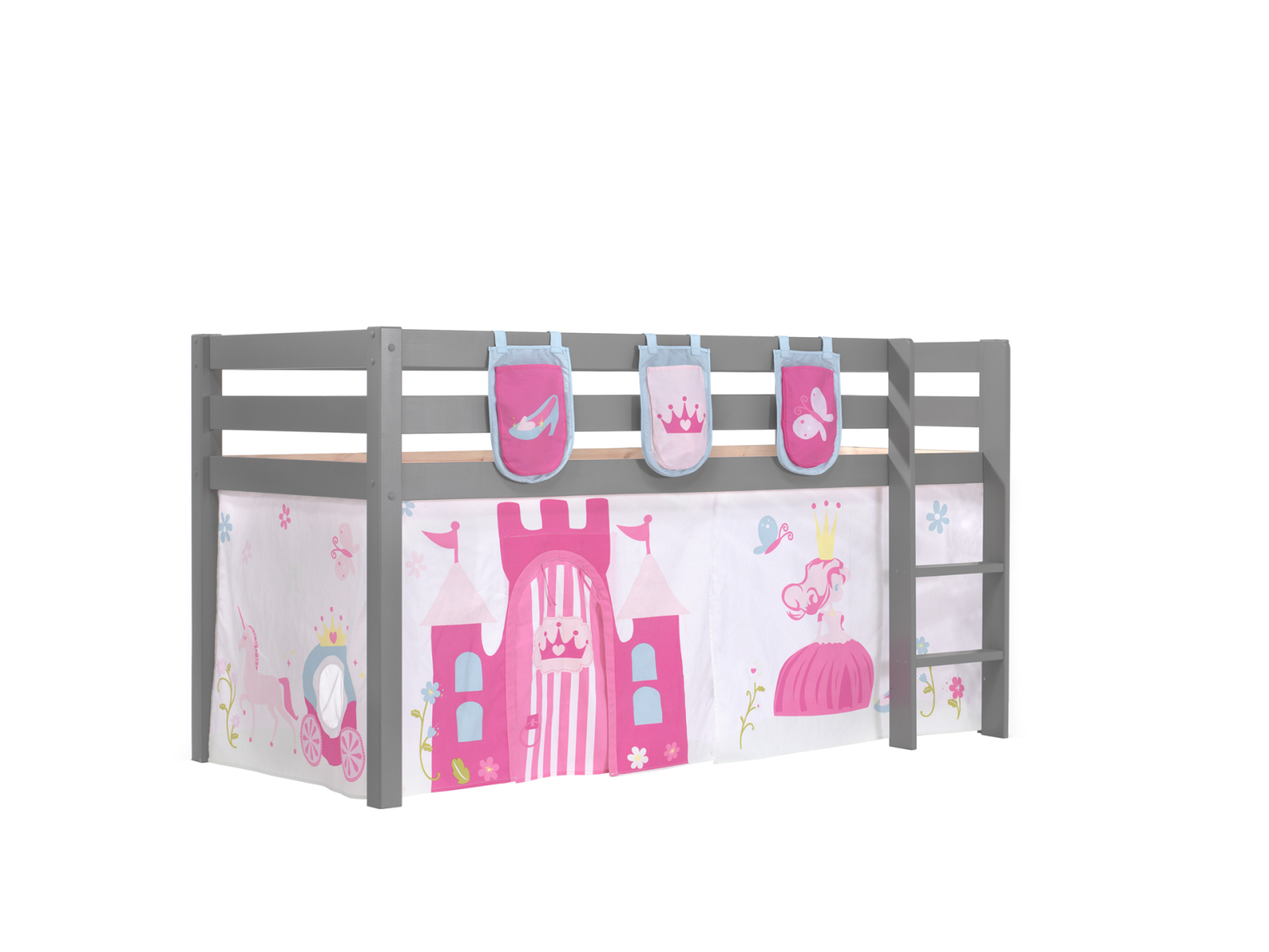 Hochbett PINO Princess - grau Kiefer Massivholz - Vorhang, Taschen - 90x200 cm