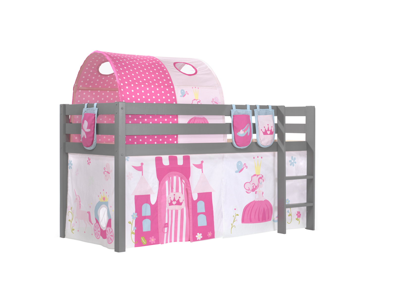 Hochbett PINO Princess - grau Kiefer Massivholz - Vorhang, Tunnel, Taschen - 90x200 cm