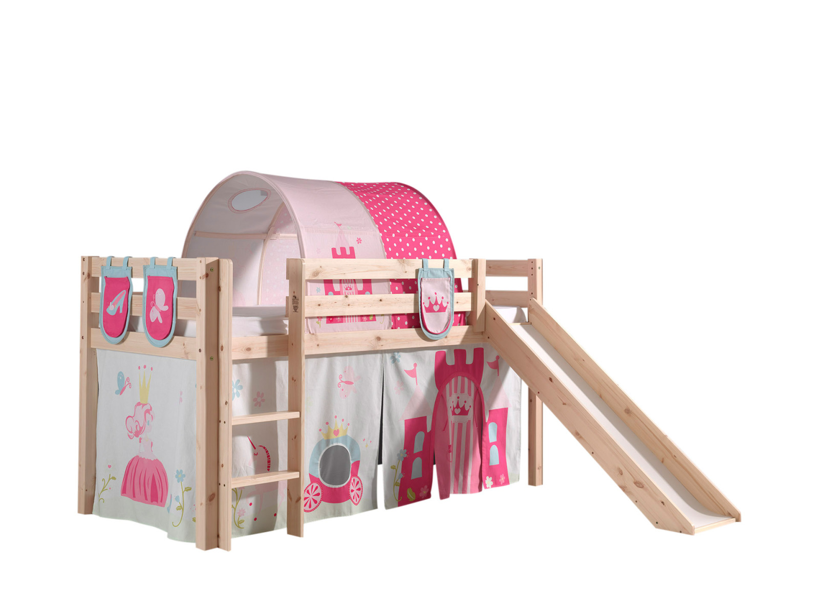 Hochbett PINO - Princess - Kiefer Massivholz - mit Rutsche - 90x200 cm