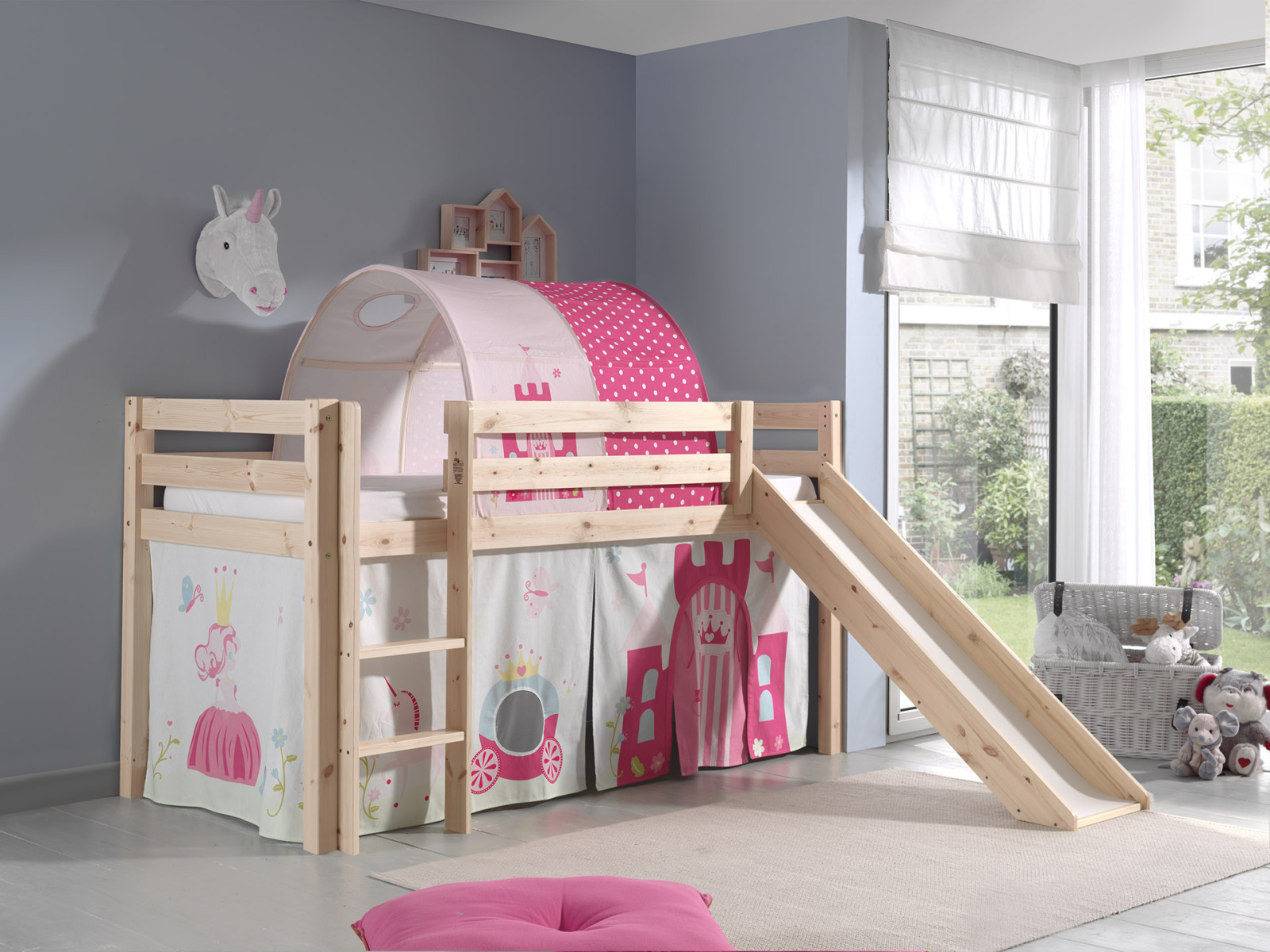 Hochbett PINO - Princess - Kiefer Massivholz - mit Rutsche und Tunnel - 90x200 cm