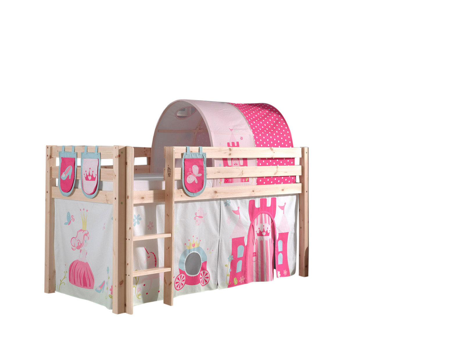 Hochbett PINO - Princess - Kiefer Massivholz - mit Vorhang, Tunnel, Taschen - 90x200 cm