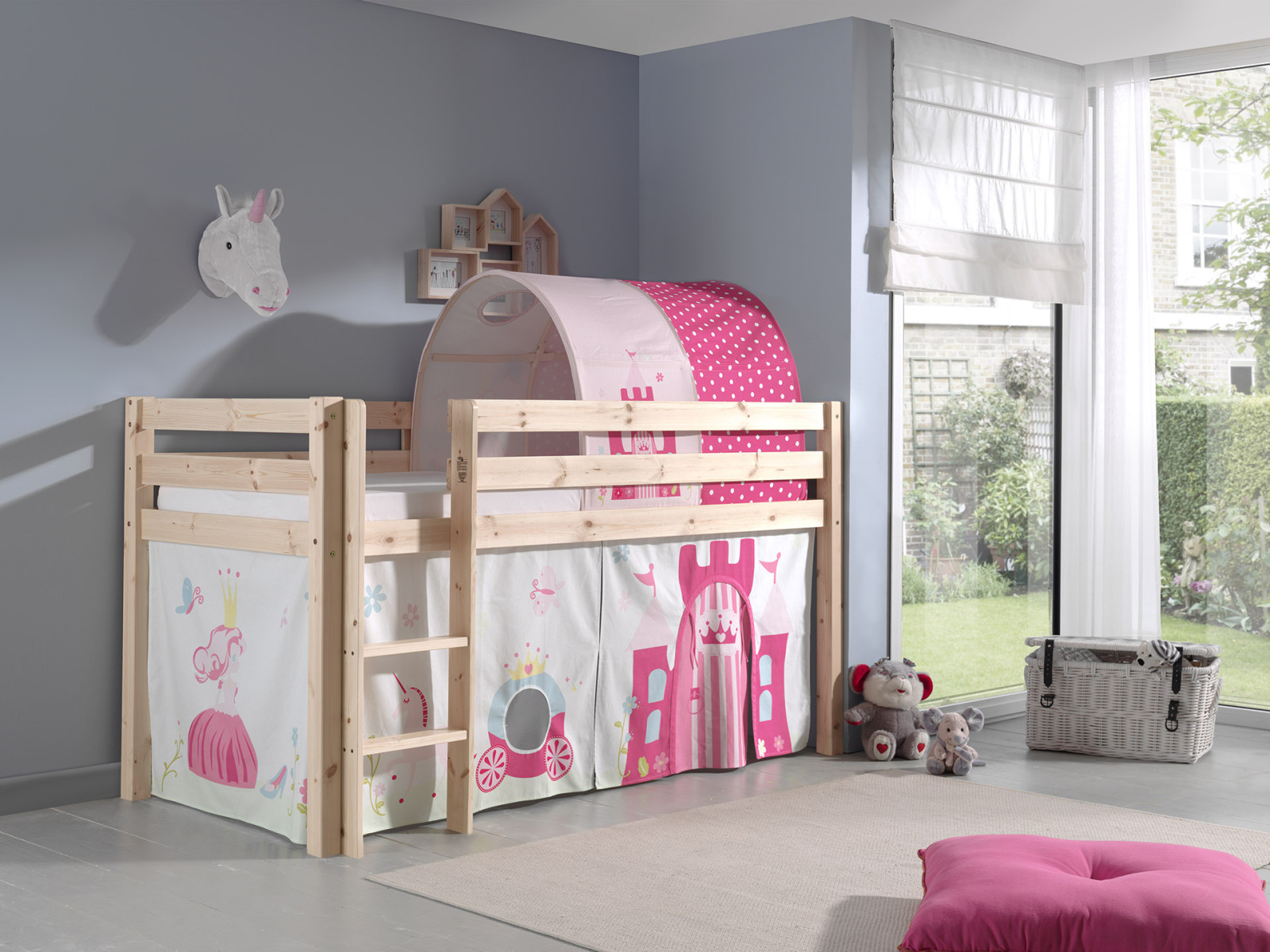 Hochbett PINO - Princess - Kiefer Massivholz - mit Vorhang + Tunnel - 90x200 cm