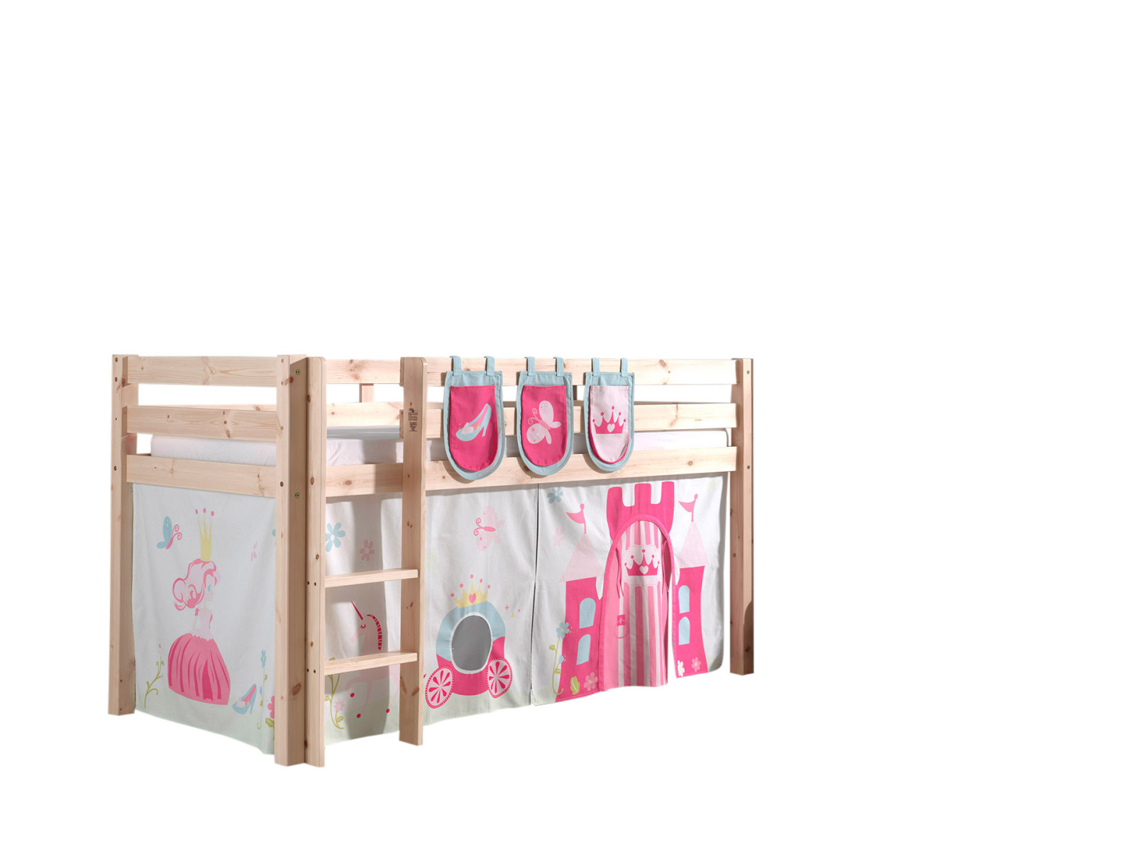 Hochbett PINO - Princess - Kiefer Massivholz - mit Vorhang und Taschen - 90x200 cm
