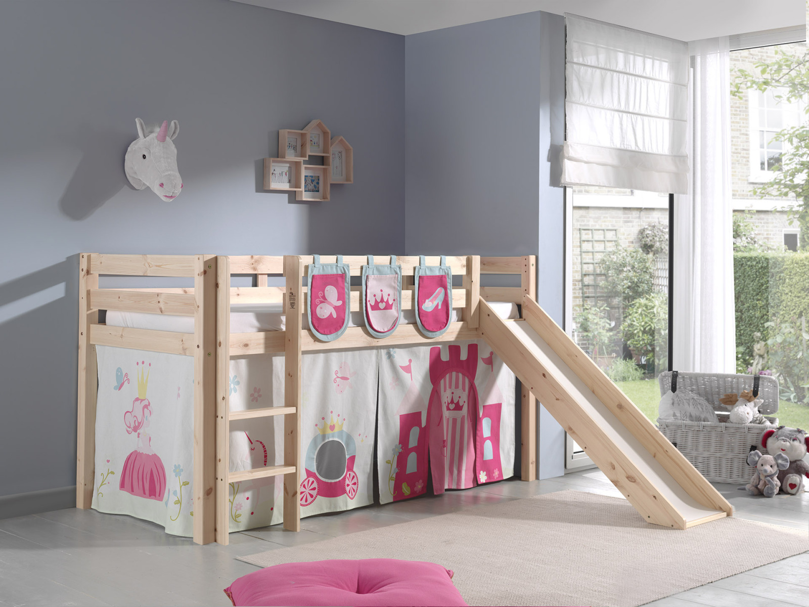 Hochbett PINO - Princess - Kiefer Massivholz - Rutsche und Taschen - 90x200 cm