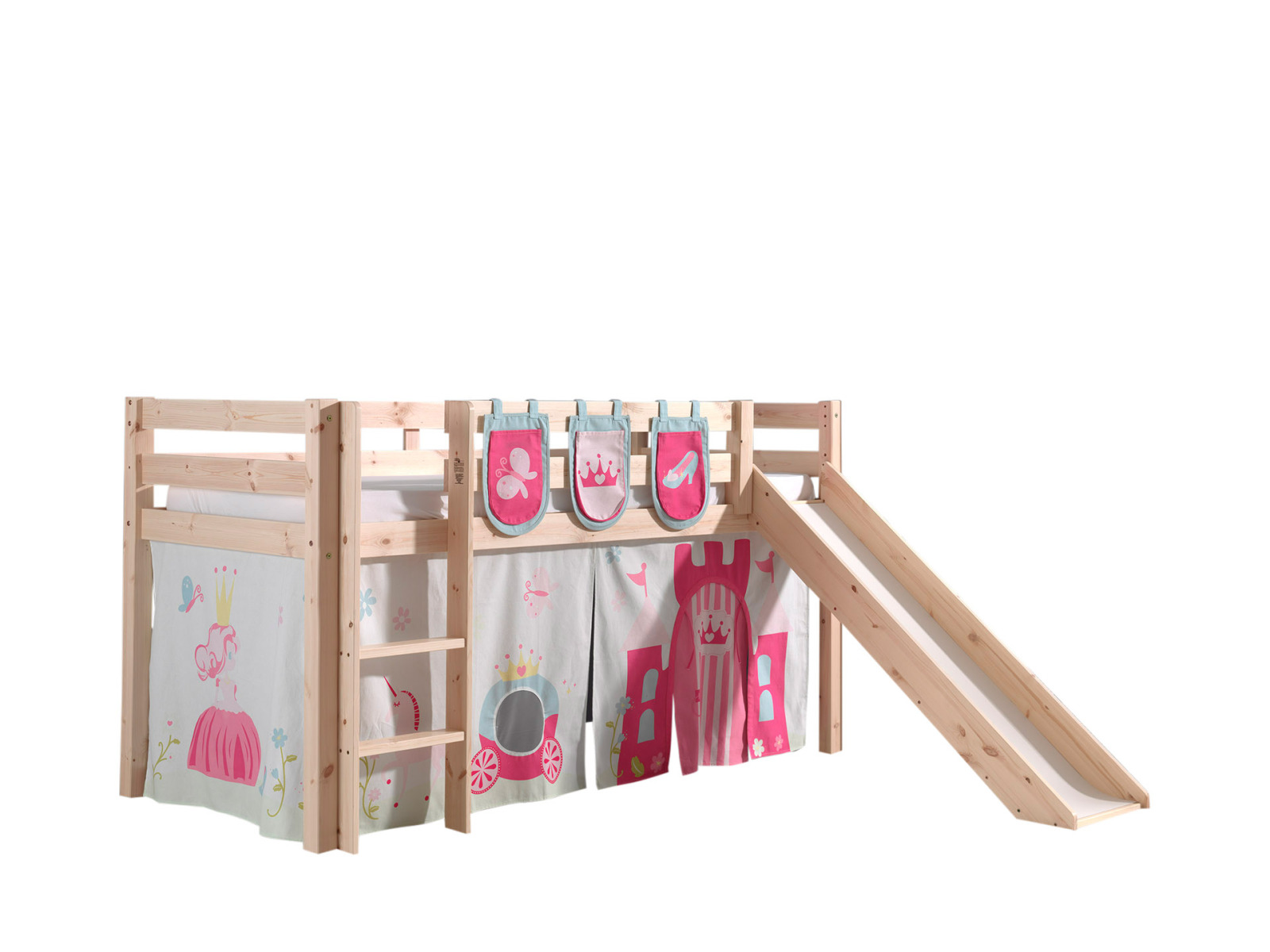 Hochbett PINO - Princess - Kiefer Massivholz - Rutsche und Taschen - 90x200 cm