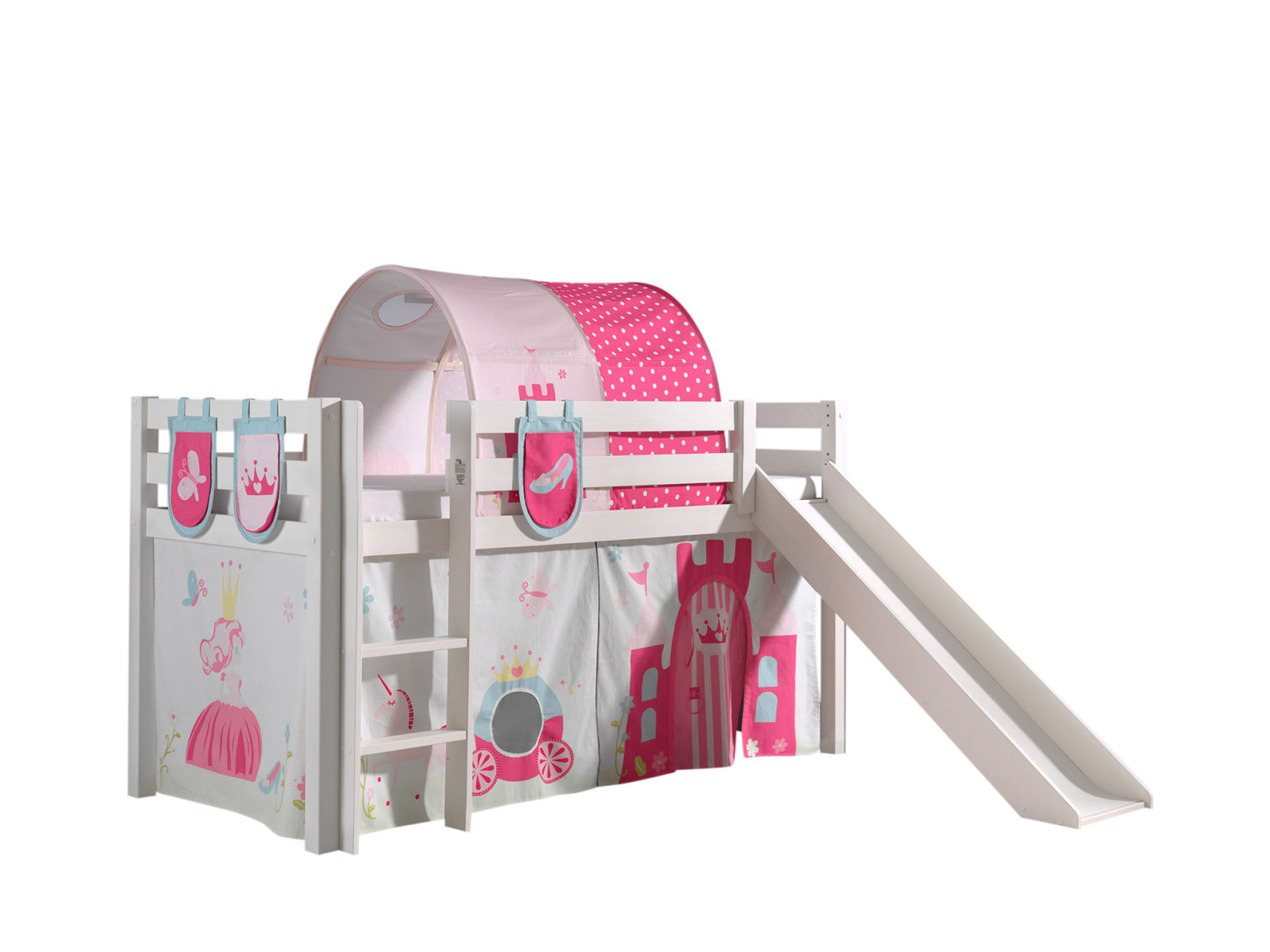 Hochbett PINO - Princess - weiß Kiefer Massivholz - mit Rutsche - 90x200 cm