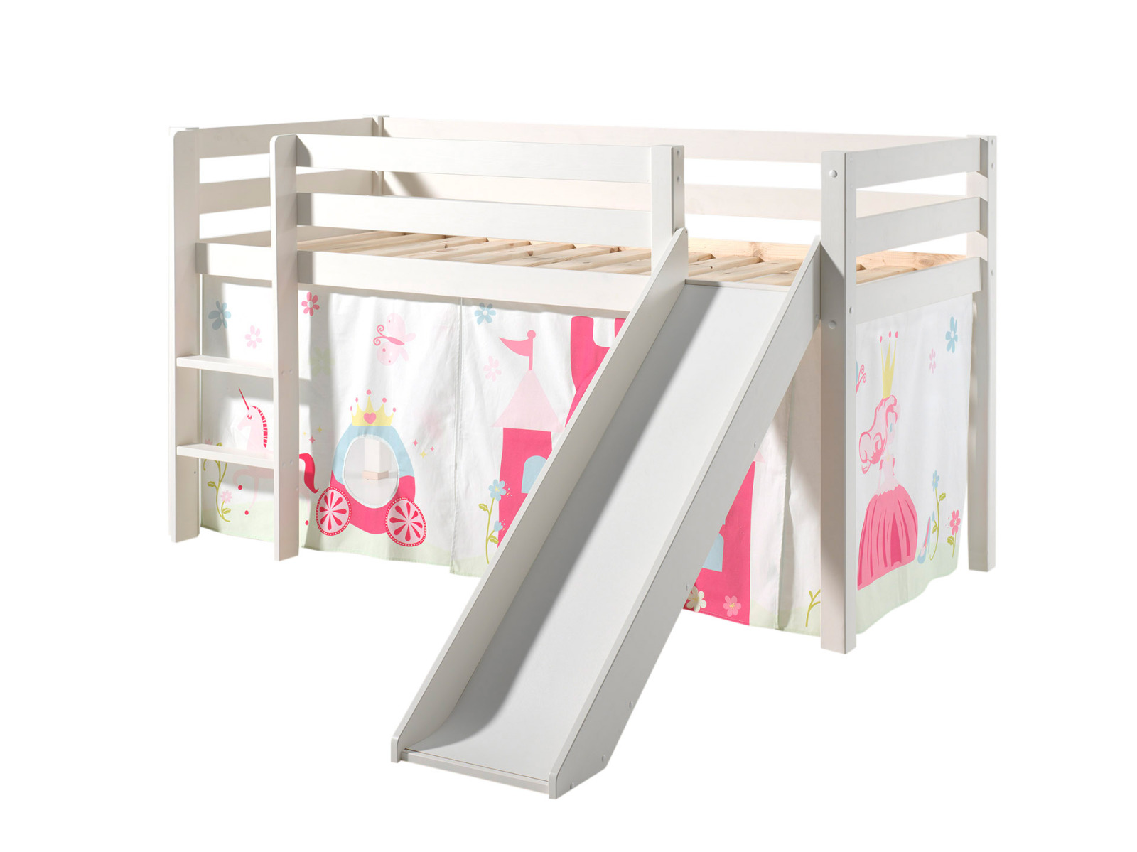Hochbett PINO - Princess - weiß Kiefer Massivholz - mit Rutsche + Vorhang - 90x200 cm