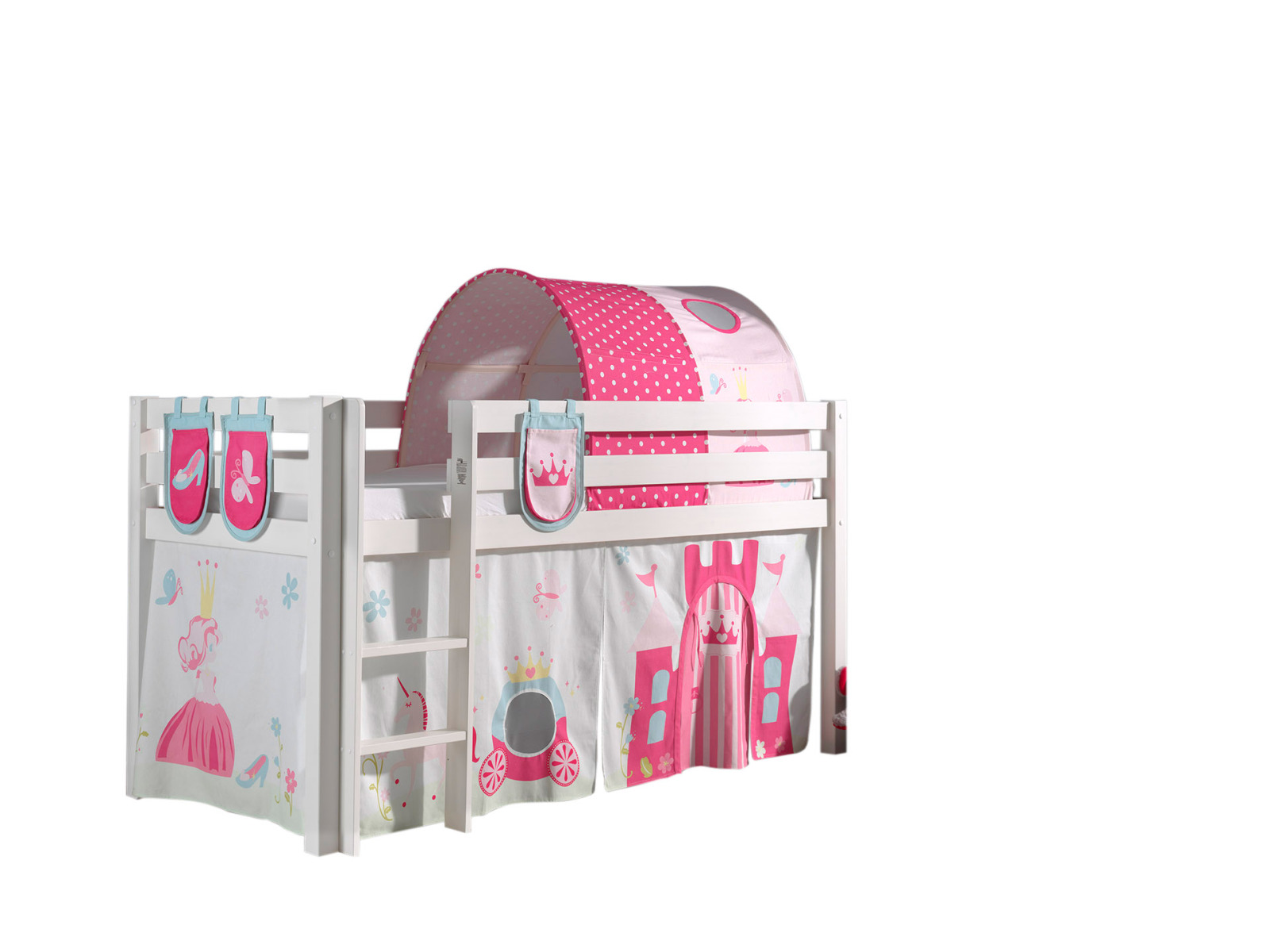Hochbett PINO - Princess - weiß Kiefer Massivholz - mit Textilset - 90x200 cm