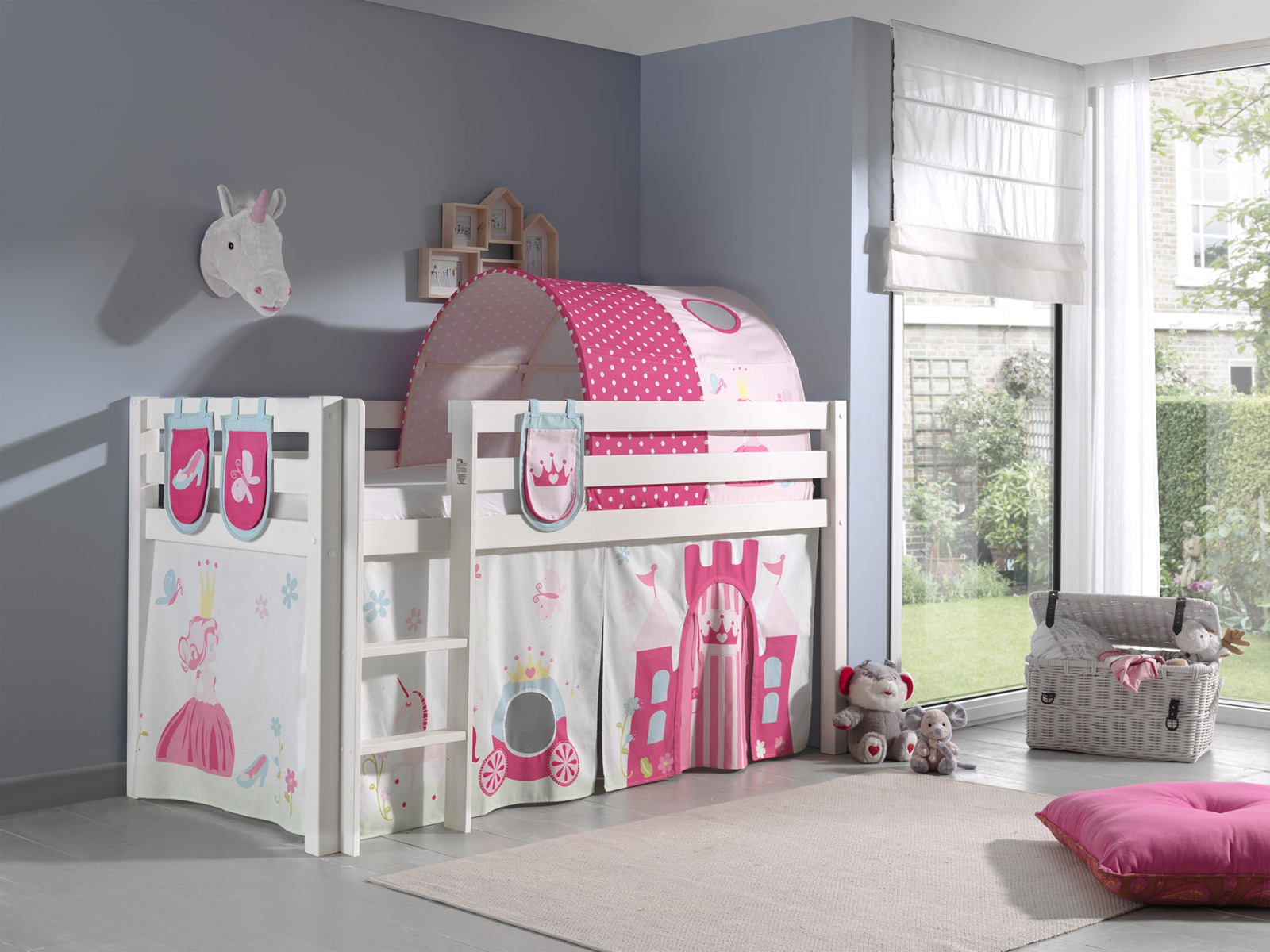 Hochbett PINO - Princess - weiß Kiefer Massivholz - mit Textilset - 90x200 cm
