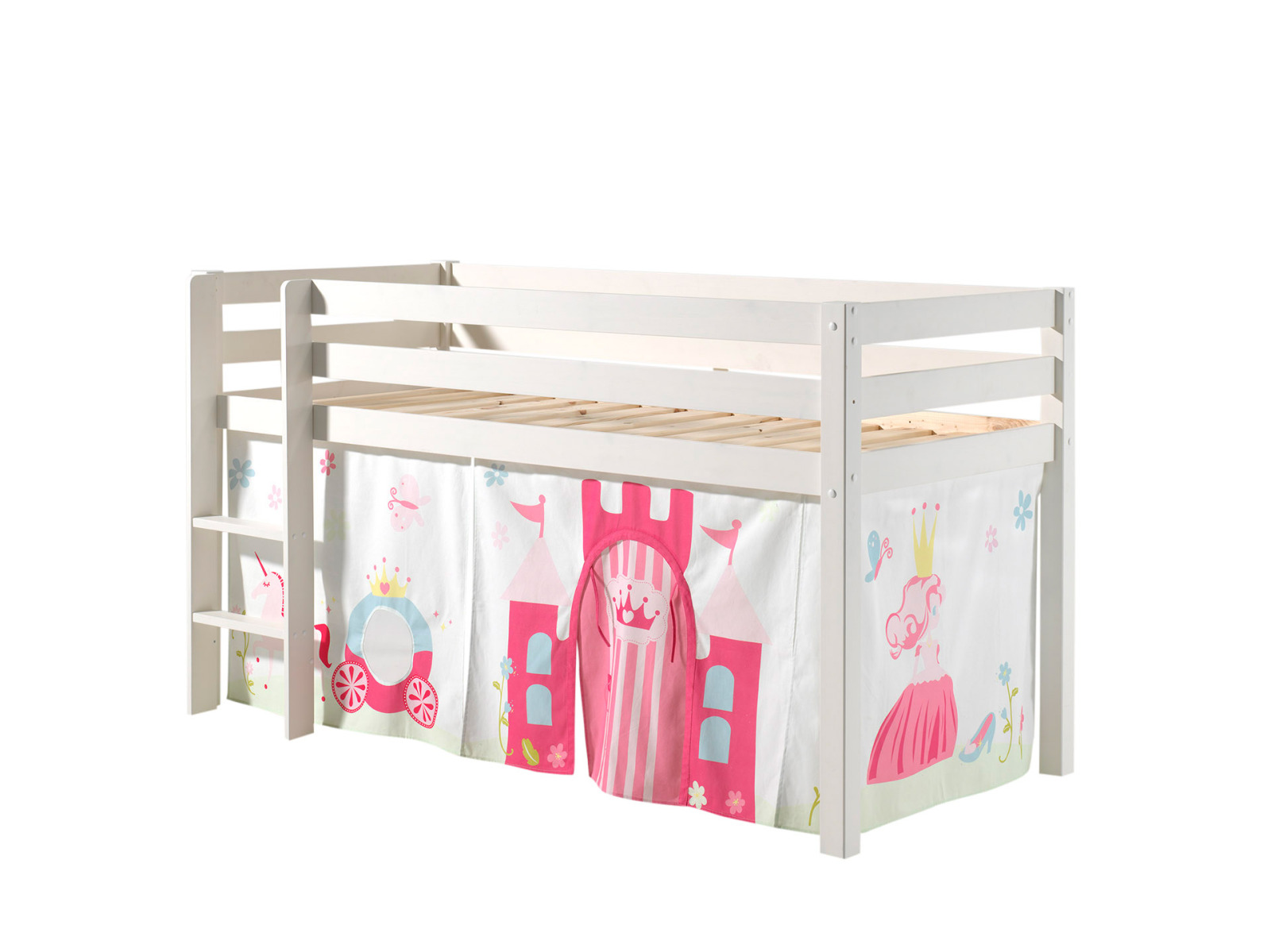 Hochbett PINO - Princess - weiß Kiefer Massivholz - mit Vorhang-Set - 90x200 cm