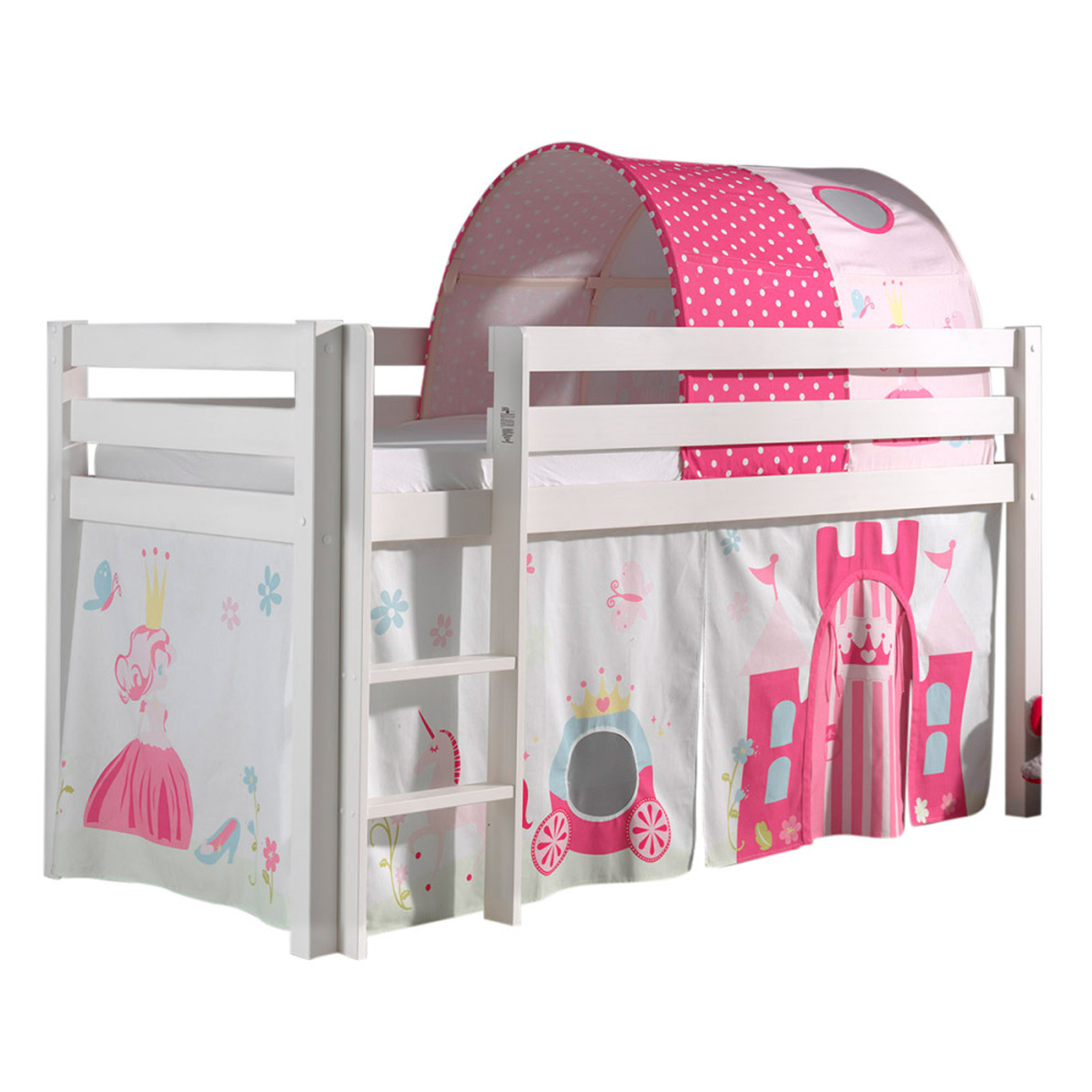 Hochbett PINO - Princess - weiß Kiefer Massivholz - mit Vorhang + Tunnel - 90x200 cm