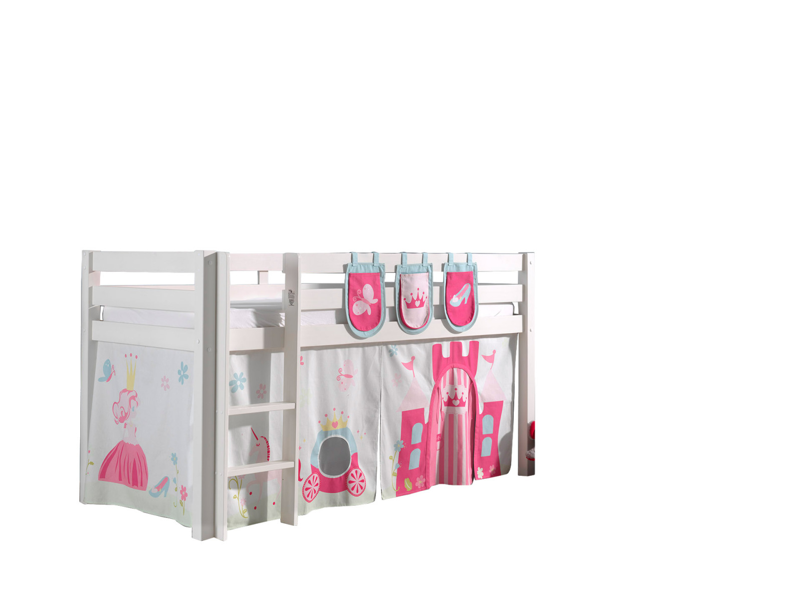 Hochbett PINO - Princess - weiß Kiefer Massivholz - mit Vorhang und Tasche - 90x200 cm