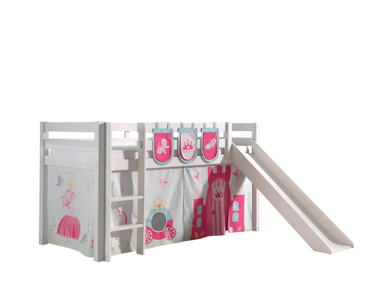 Hochbett PINO - Princess - weiß Kiefer Massivholz - Rutsche und Taschen - 90x200 cm