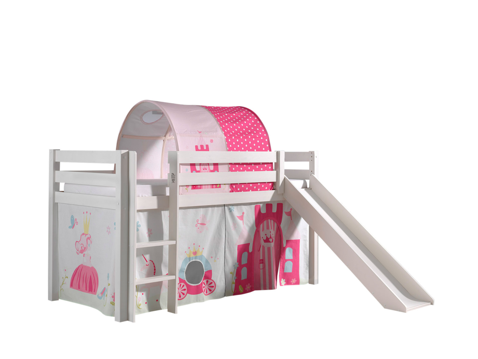Hochbett PINO - Princess - weiß Kiefer Massivholz - Rutsche und Tunnel - 90x200 cm